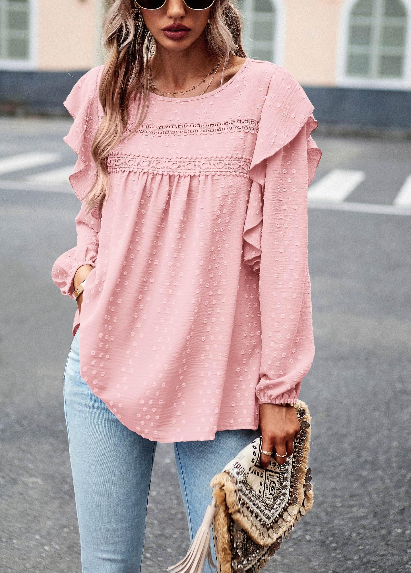 Women's Long Sleeve Blouses Ruffle Swiss Dot Crochet Loose Fit