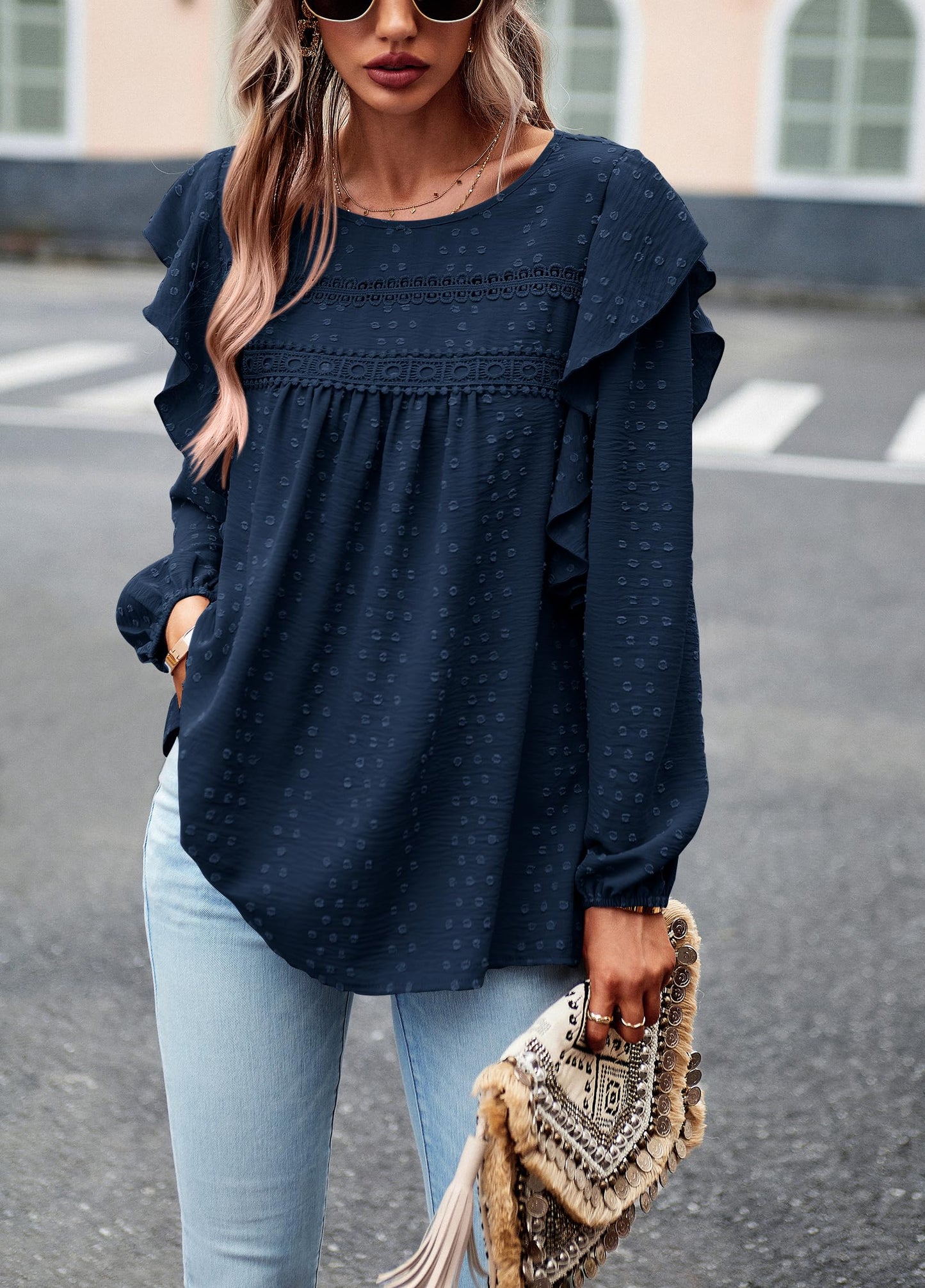 Women's Long Sleeve Blouses Ruffle Swiss Dot Crochet Loose Fit