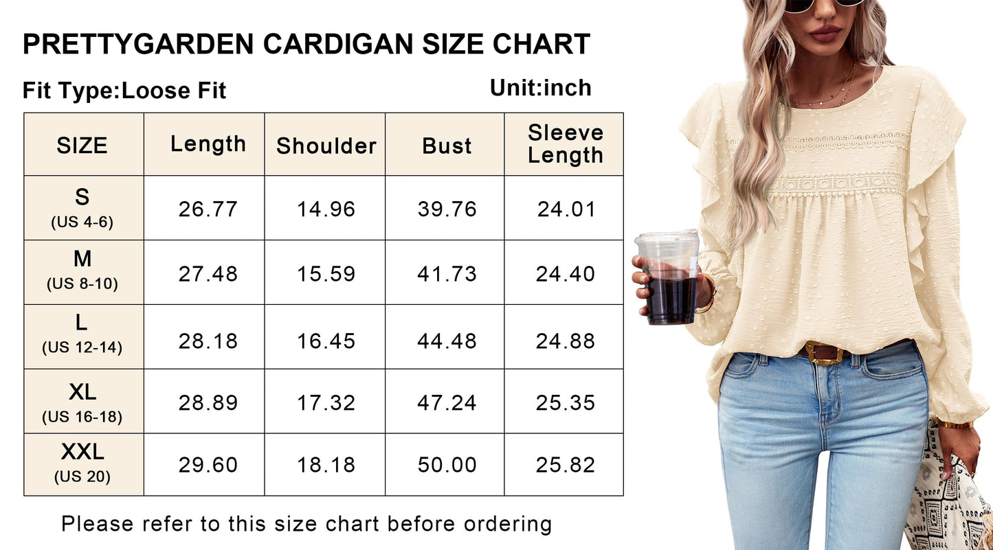Women's Long Sleeve Blouses Ruffle Swiss Dot Crochet Loose Fit