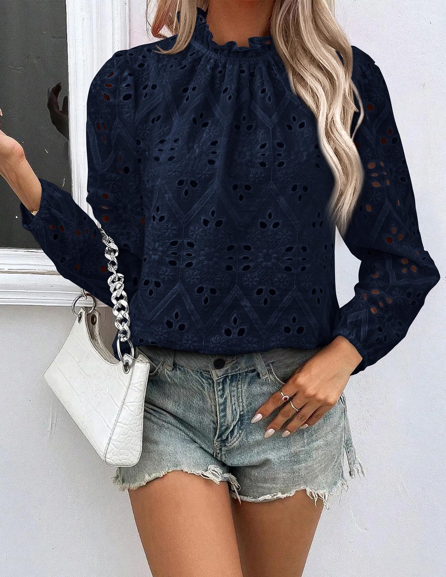 Women’s Blouses Dressy Casual Embroidered Long Puff Sleeve Shirts Ruffle Eyelet Lace Top