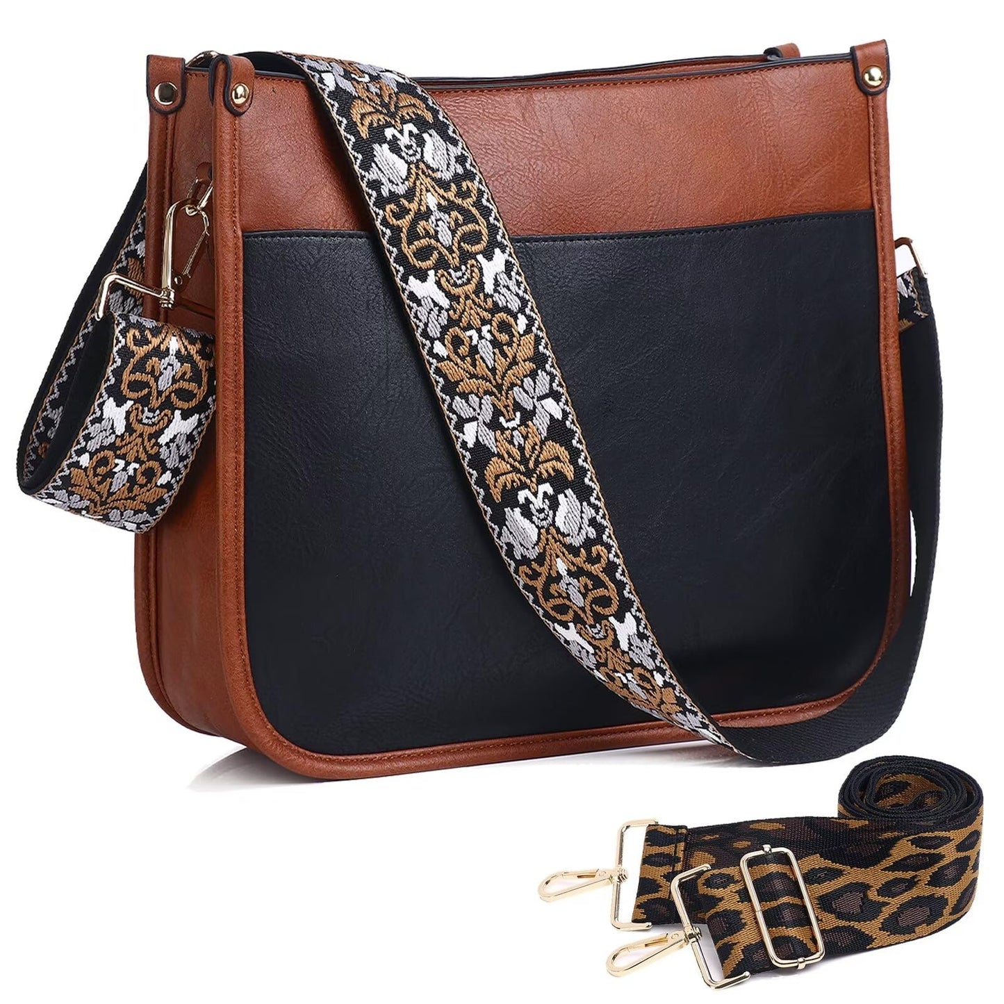 Vegan Leather Crossbody Bags for Women, Crossbody Purse with Guitar Strap Zipped Pockets Handbag
