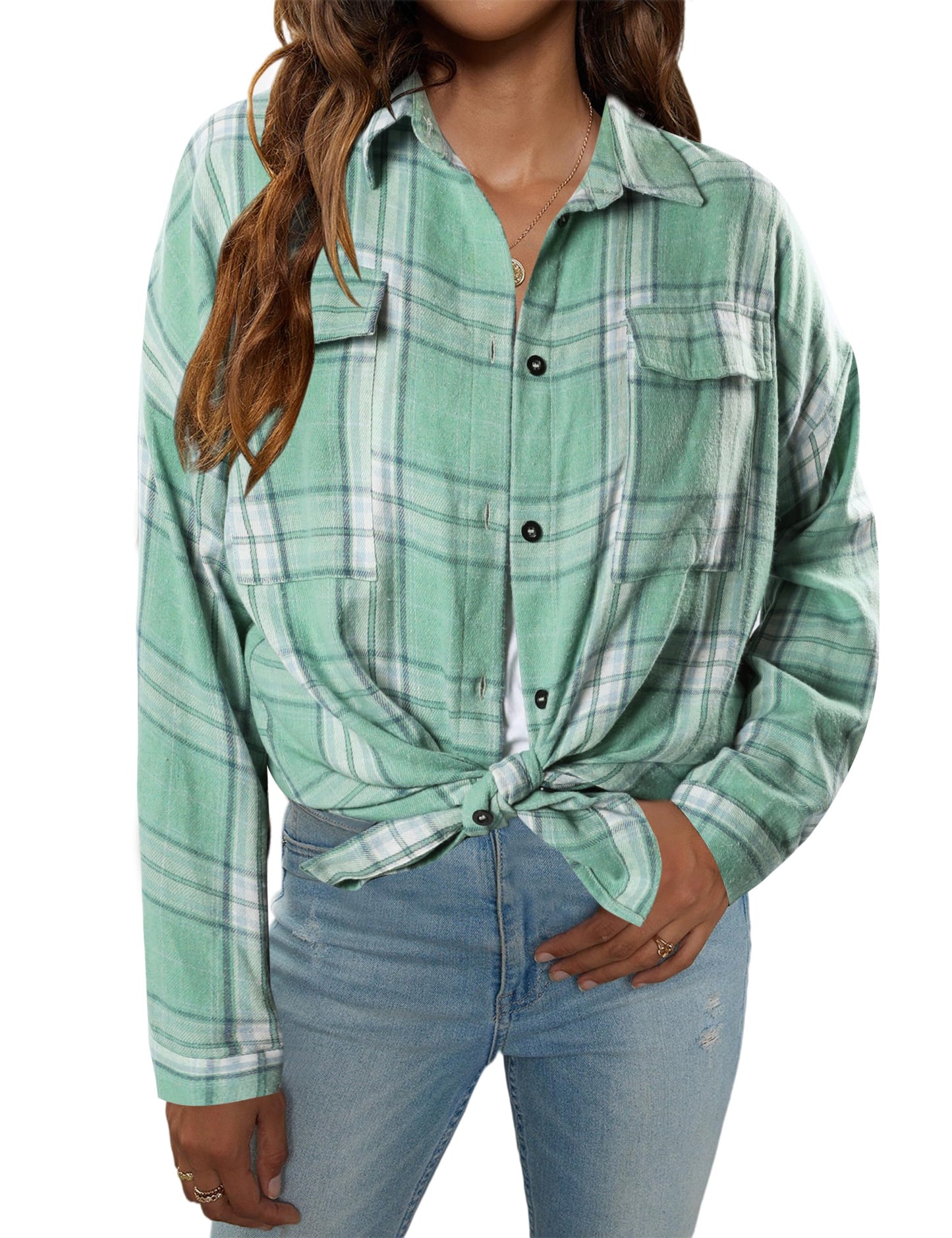 Women's Button Down Flannel Shirts Plaid Shacket Long Sleeve Collared Business Casual Tops Work Blouses