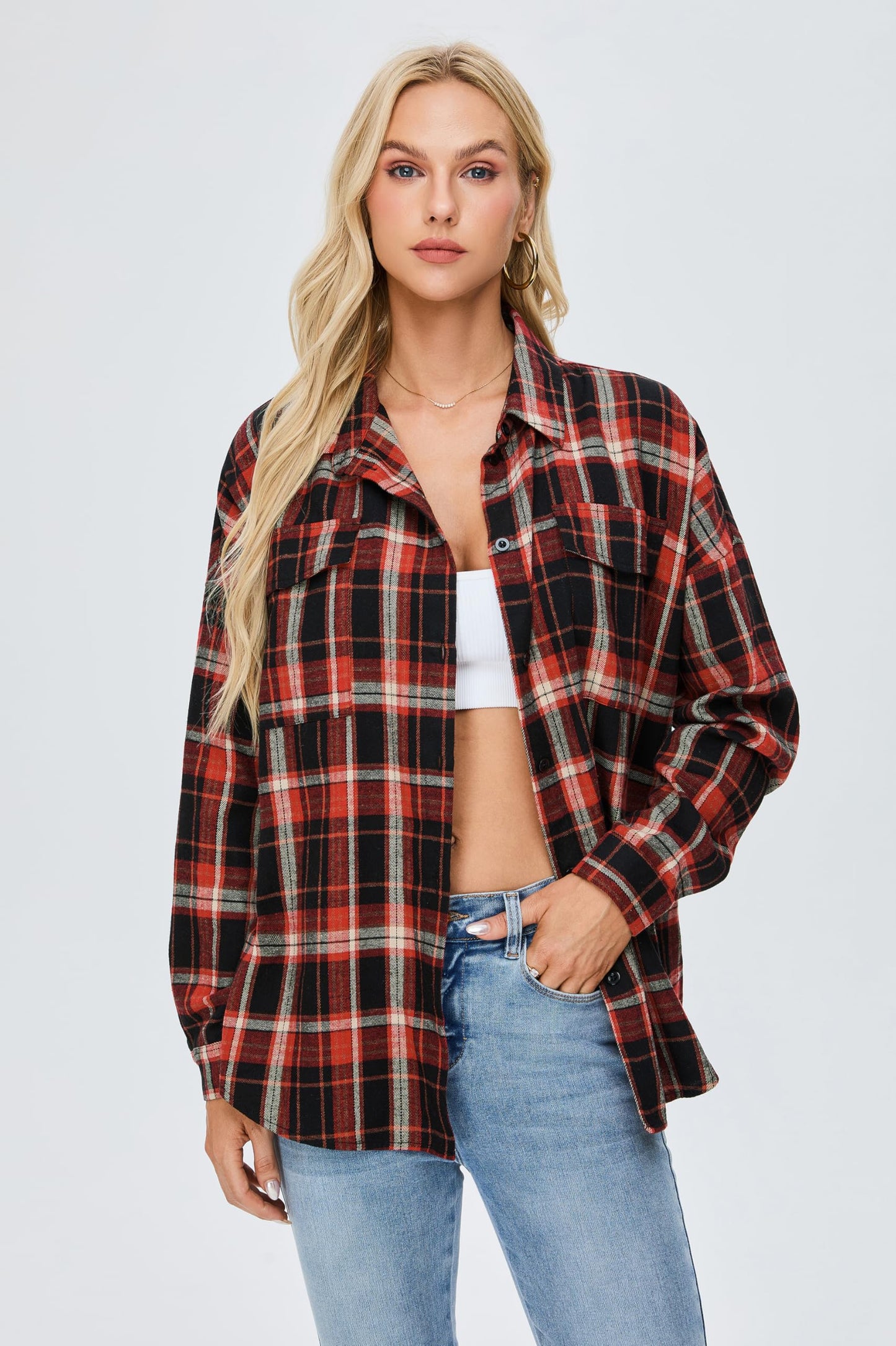 Women's Button Down Flannel Shirts Plaid Shacket Long Sleeve Collared Business Casual Tops Work Blouses