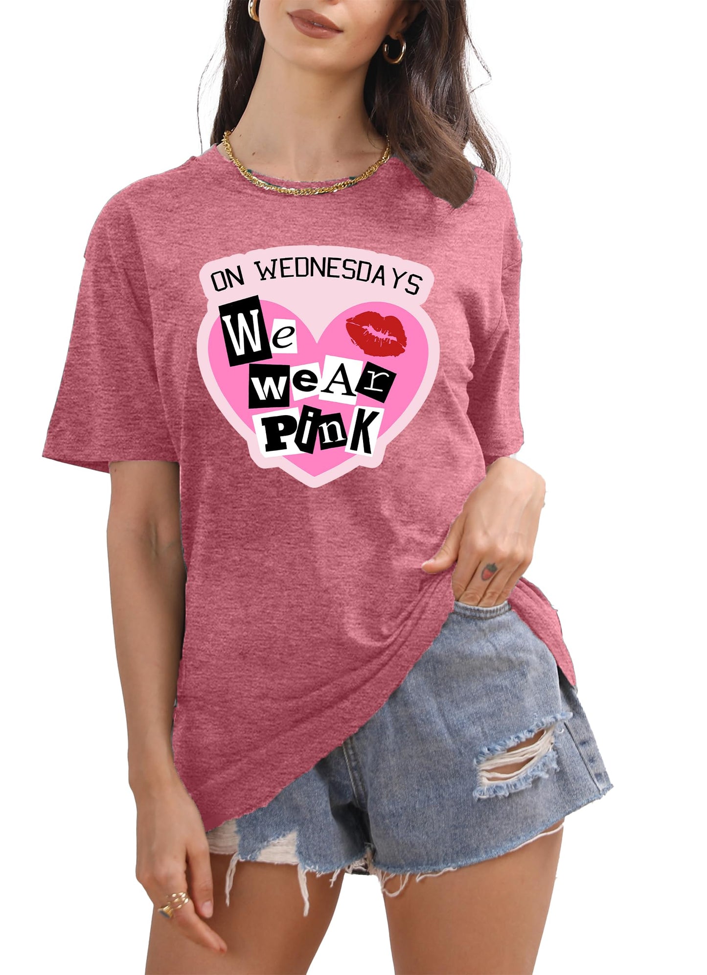 On Wednesday We Wear Pink Shirt Women Breast Cancer T Shirt Short Sleeve Print Tees Gifts for Girls Matching Outfits Top