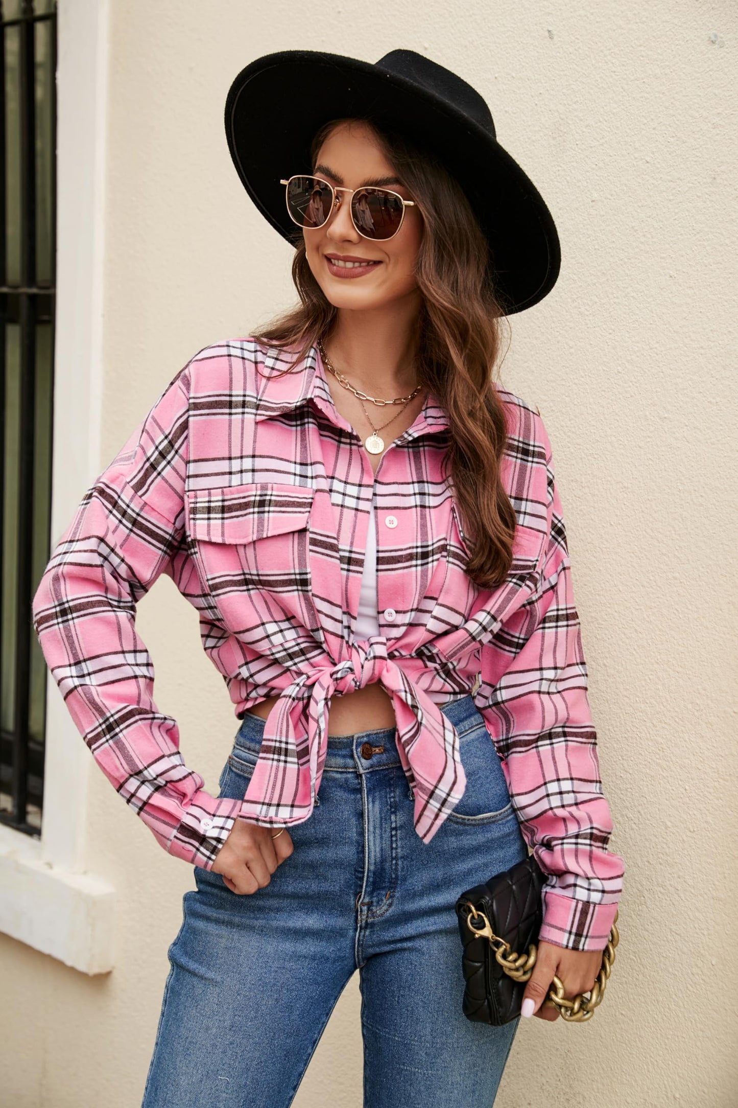 Women's Button Down Flannel Shirts Plaid Shacket Long Sleeve Collared Business Casual Tops Work Blouses