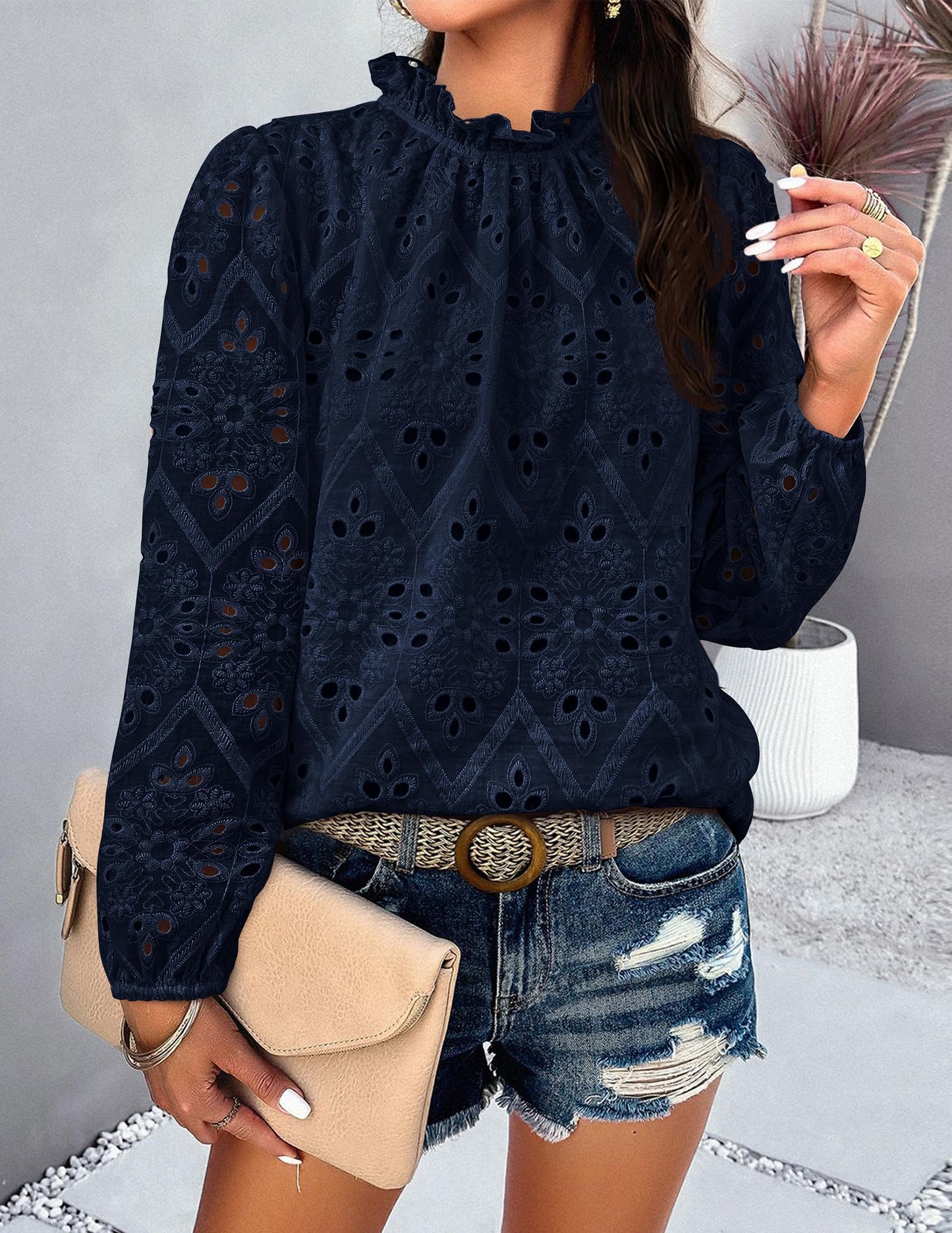 Women’s Blouses Dressy Casual Embroidered Long Puff Sleeve Shirts Ruffle Eyelet Lace Top