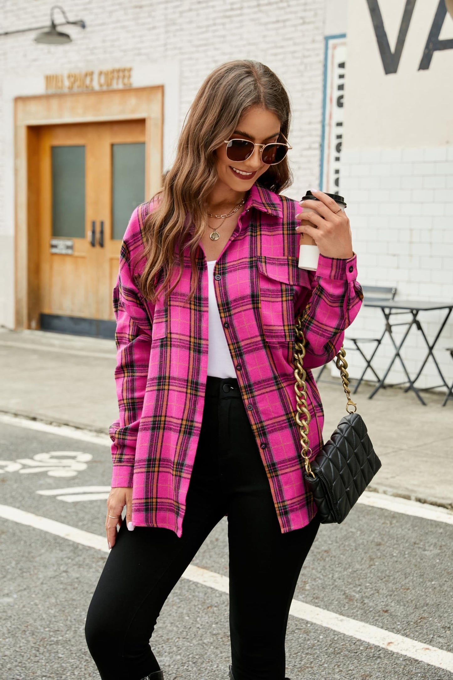 Women's Button Down Flannel Shirts Plaid Shacket Long Sleeve Collared Business Casual Tops Work Blouses