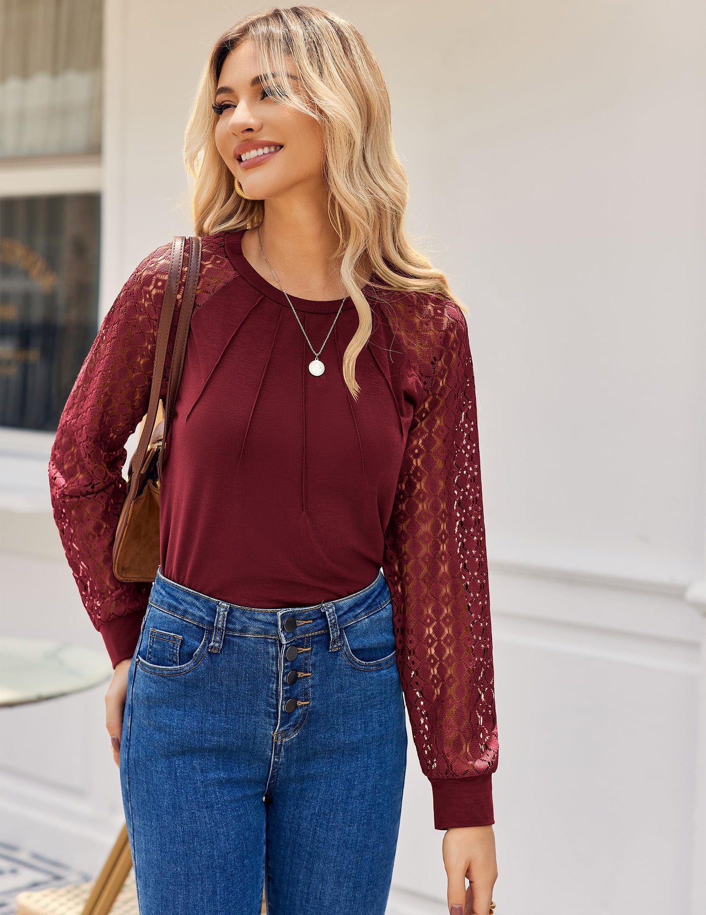 Women's Lace Long Sleeve Tops Dressy Business Casual Blouses Front Pleated Work Shirts