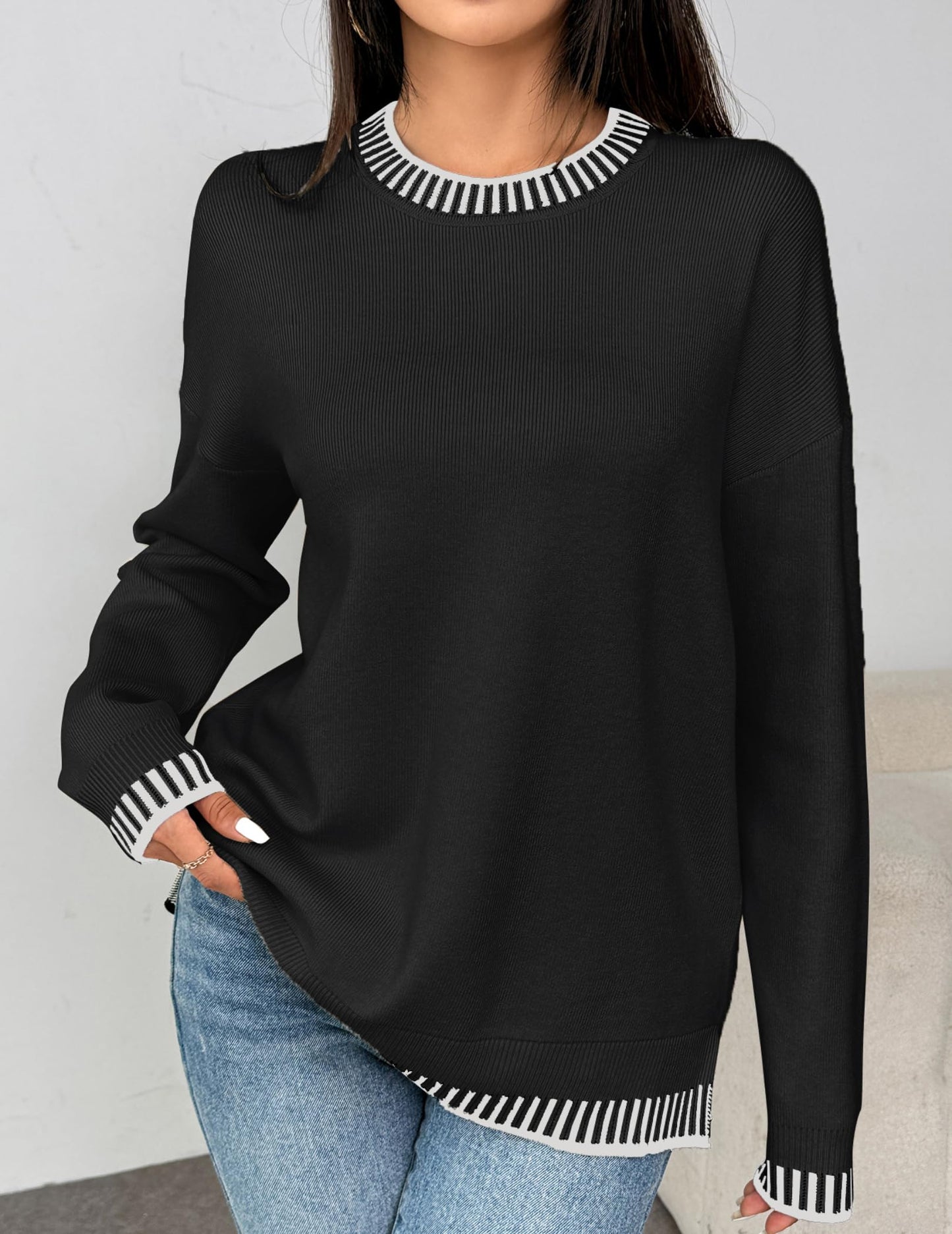 Womens Crewneck Pullover Sweater Long Sleeve Knit Side Slit