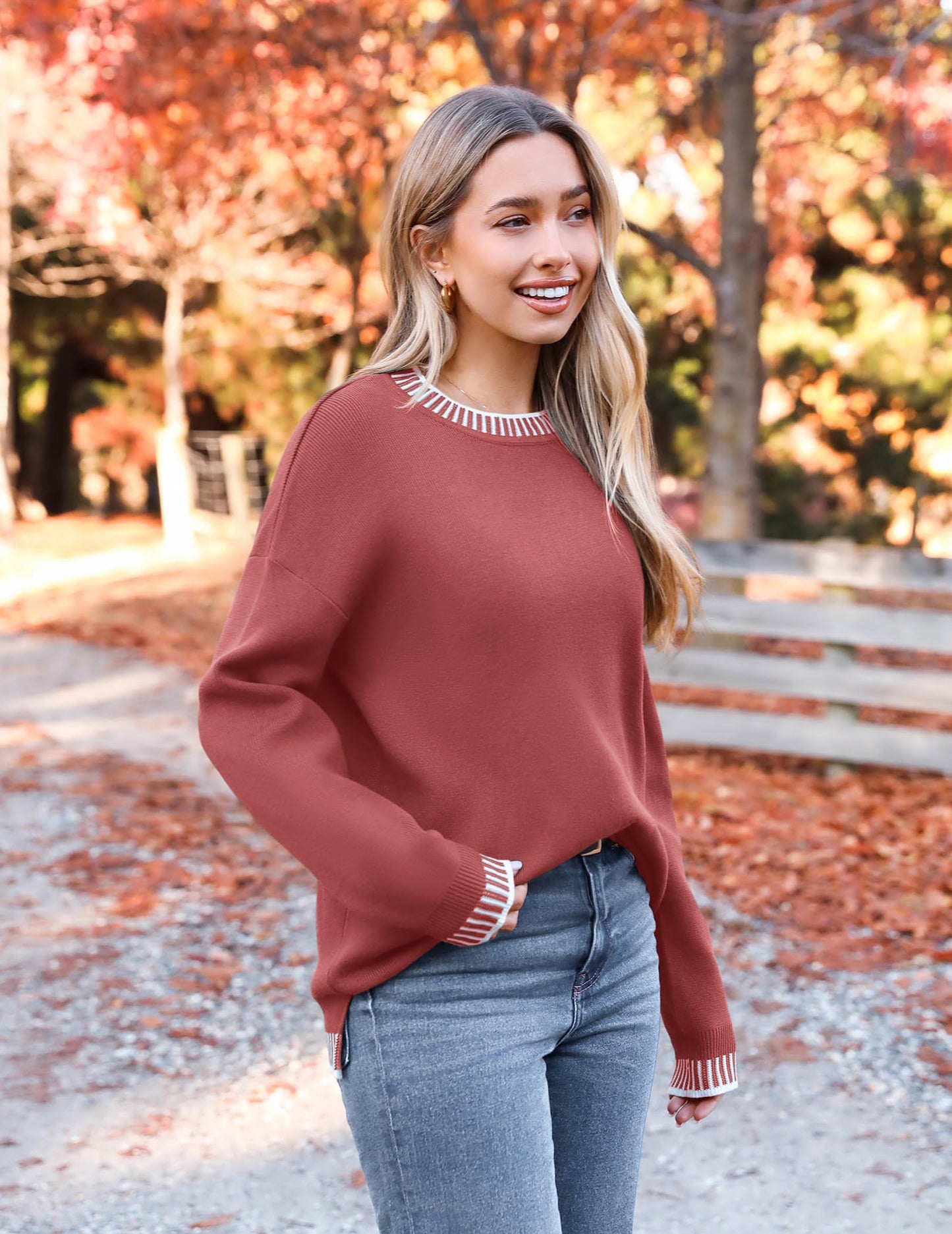 Womens Crewneck Pullover Sweater Long Sleeve Knit Side Slit