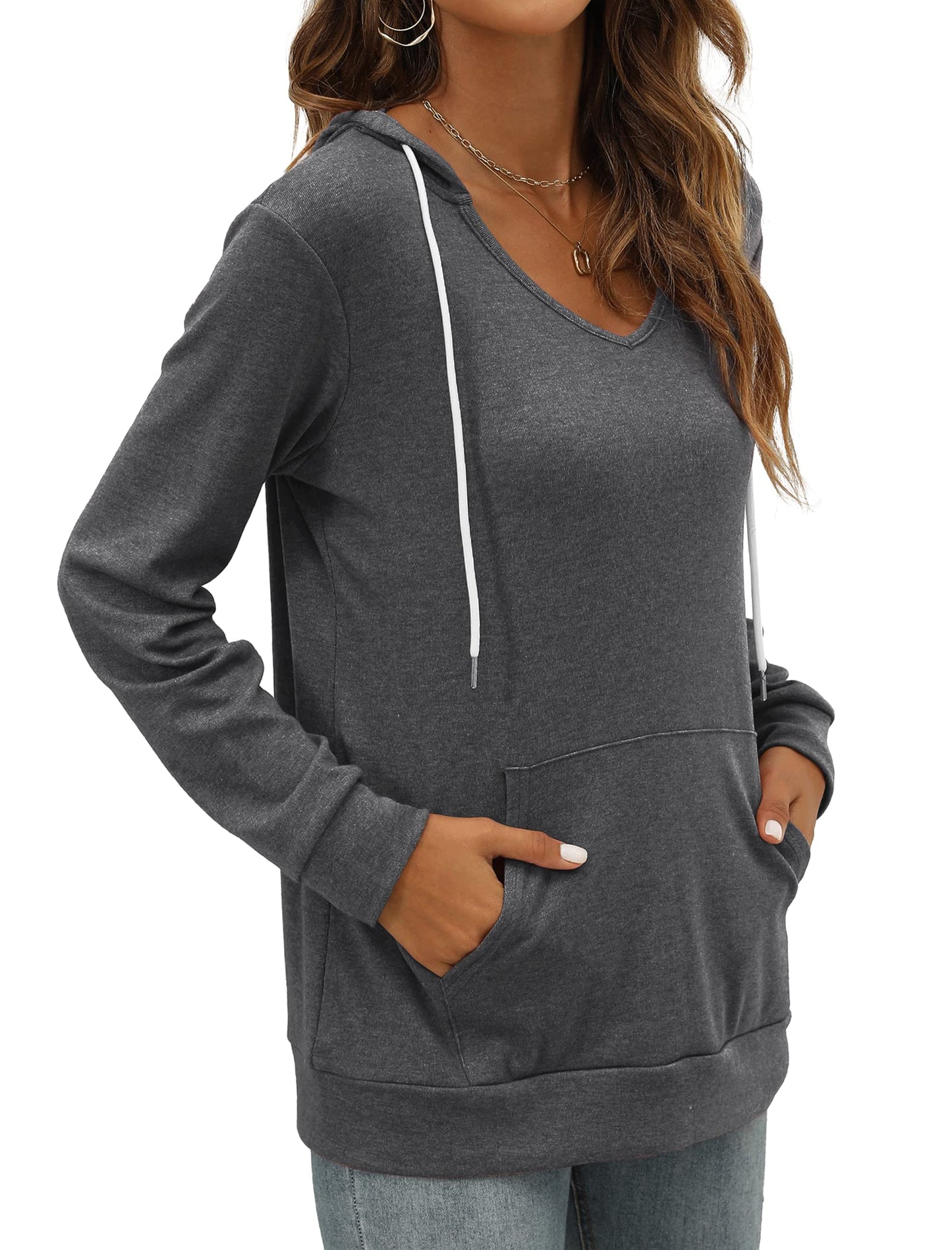 Pocket Hoodies for Womens V Neck Lightweight Sweatshirts Long Sleeve Tops