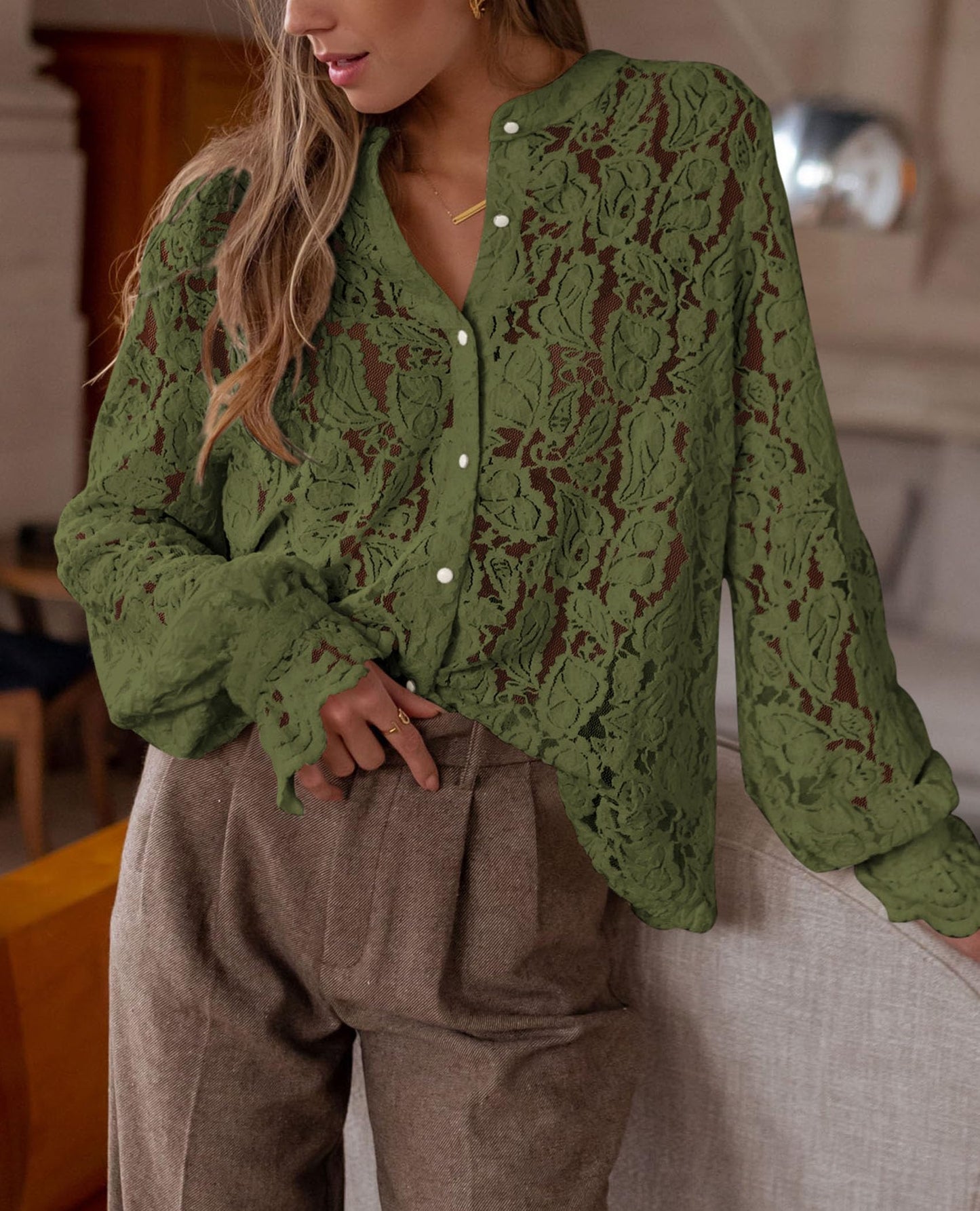 Women's Dressy Casual Lace Blouse Long Sleeve Button Up Shirts Tops