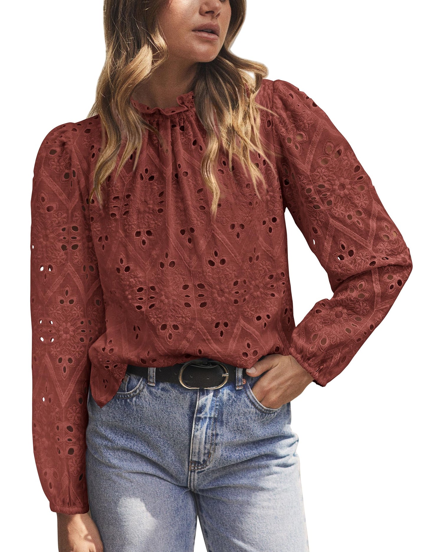 Women’s Blouses Dressy Casual Embroidered Long Puff Sleeve Shirts Ruffle Eyelet Lace Top