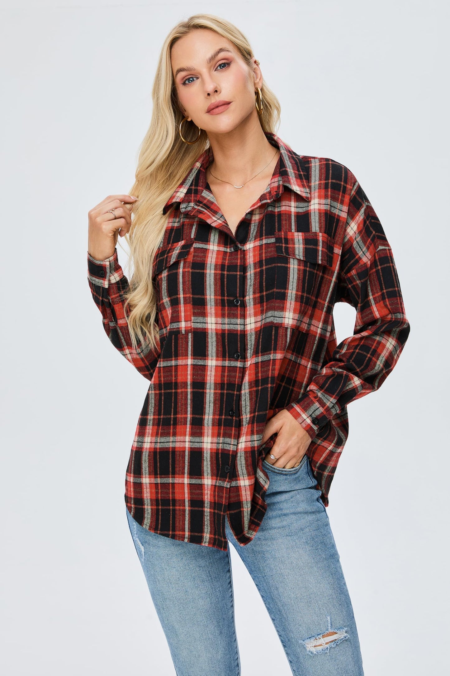 Women's Button Down Flannel Shirts Plaid Shacket Long Sleeve Collared Business Casual Tops Work Blouses
