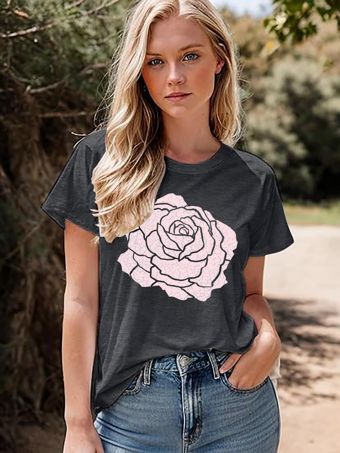 Rose Shirt for Women Flower Graphic Tee Vintage Roses T Shirts Women Loose Fit Rose Tops Short Sleeve