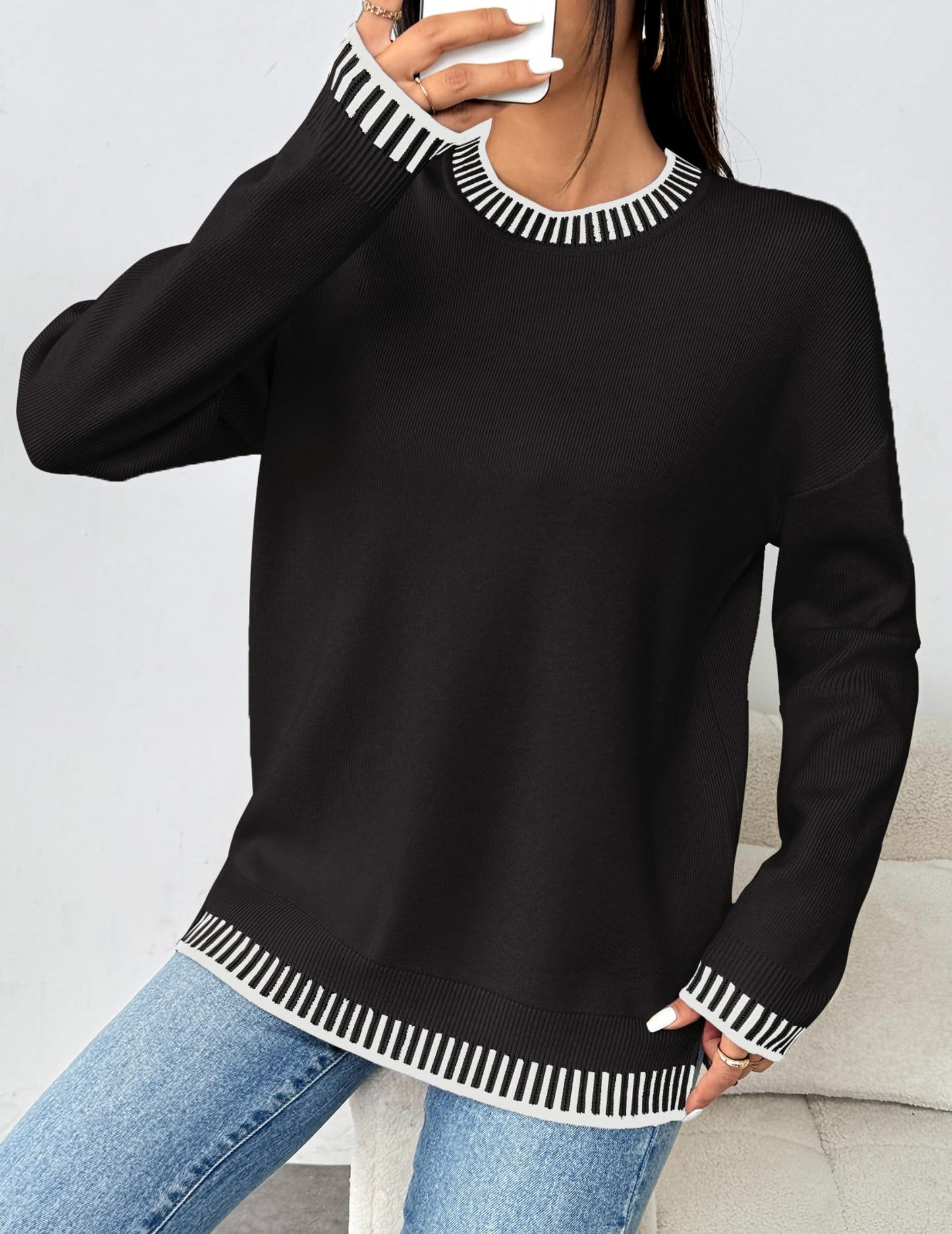 Womens Crewneck Pullover Sweater Long Sleeve Knit Side Slit