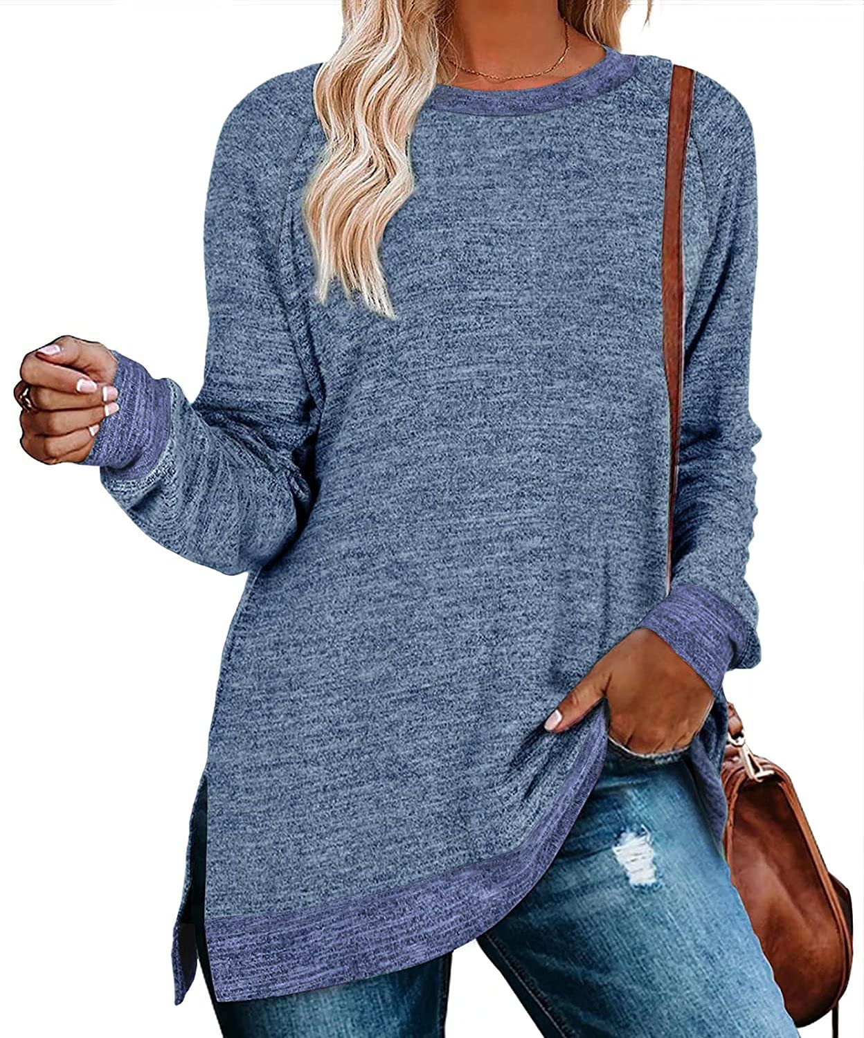 Womens Crewneck Pullovers Color Block Long Sleeve Side Split Tunic Tops