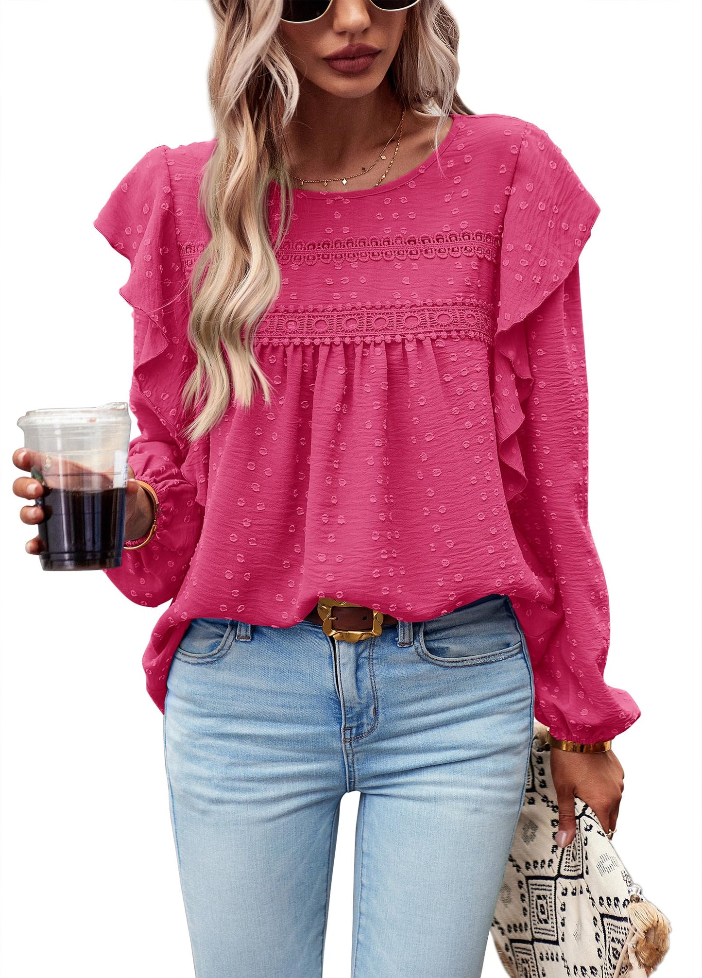 Women's Long Sleeve Blouses Ruffle Swiss Dot Crochet Loose Fit