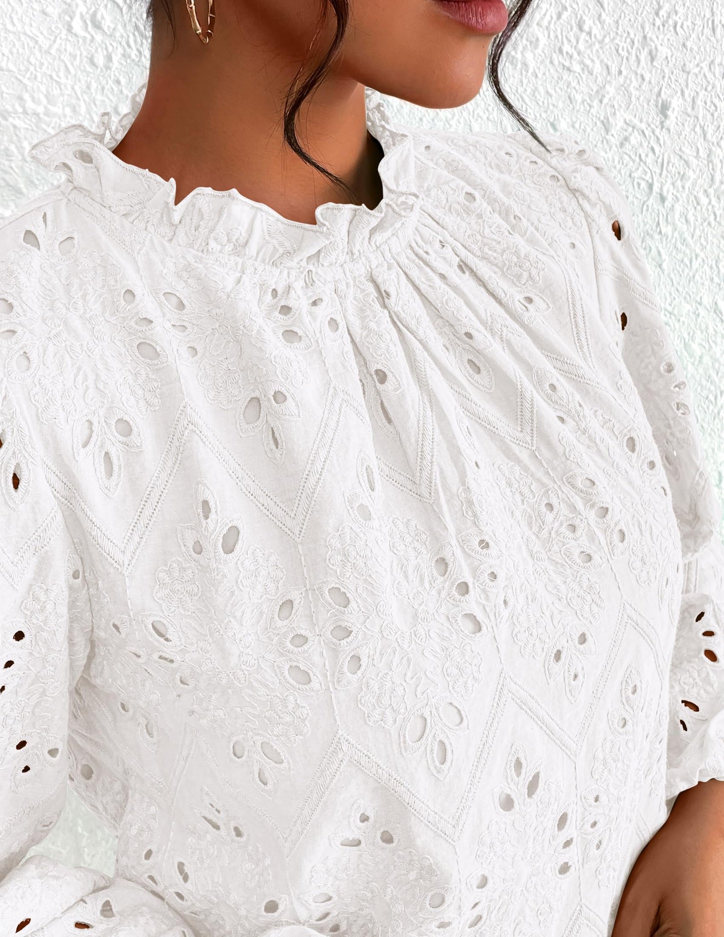 Women’s Blouses Dressy Casual Embroidered Long Puff Sleeve Shirts Ruffle Eyelet Lace Top