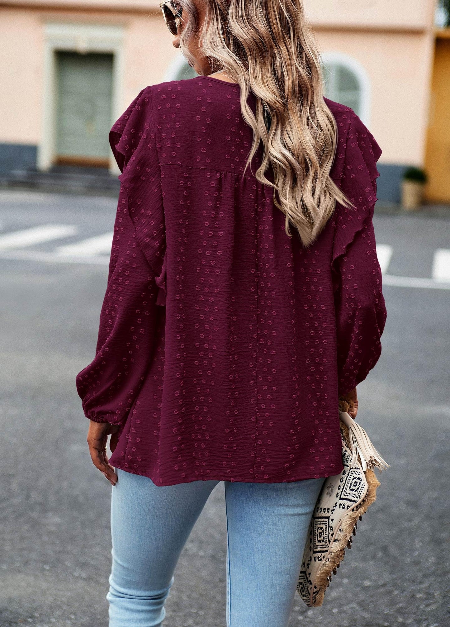 Women's Long Sleeve Blouses Ruffle Swiss Dot Crochet Loose Fit