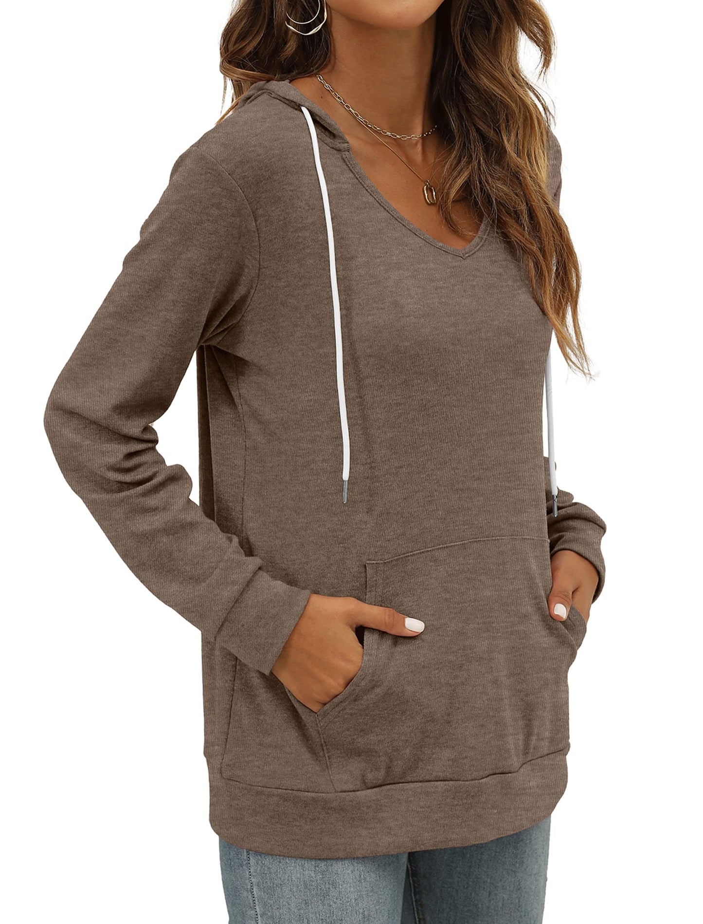 Pocket Hoodies for Womens V Neck Lightweight Sweatshirts Long Sleeve Tops
