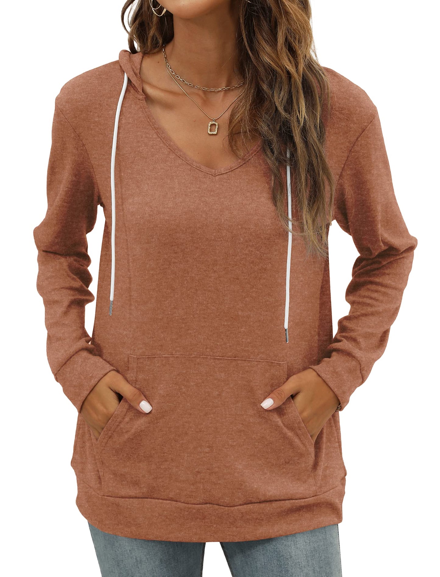 Pocket Hoodies for Womens V Neck Lightweight Sweatshirts Long Sleeve Tops