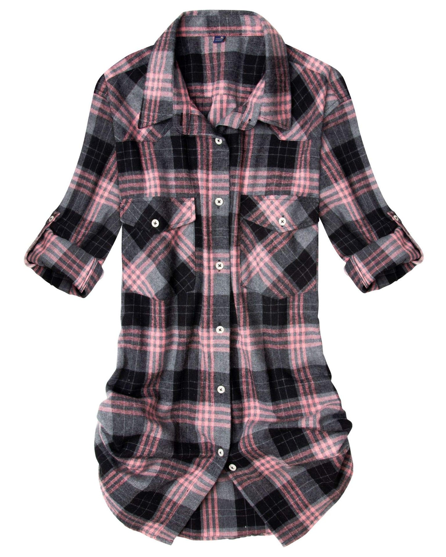 Womens Plaid Flannel Shirts Long Sleeve Roll Up Casual Button Down Shirt