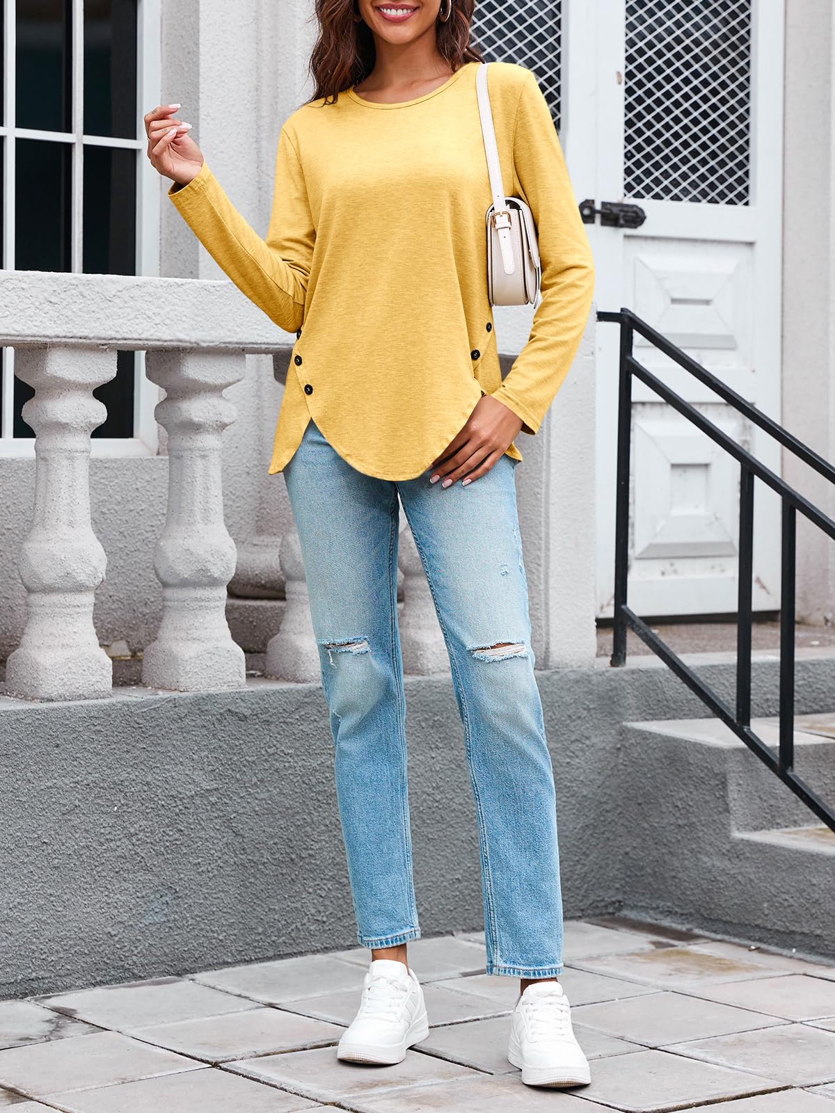 Womens Casual Long Sleeve Tunic Shirts Round Neck Button Side Blouses Tops