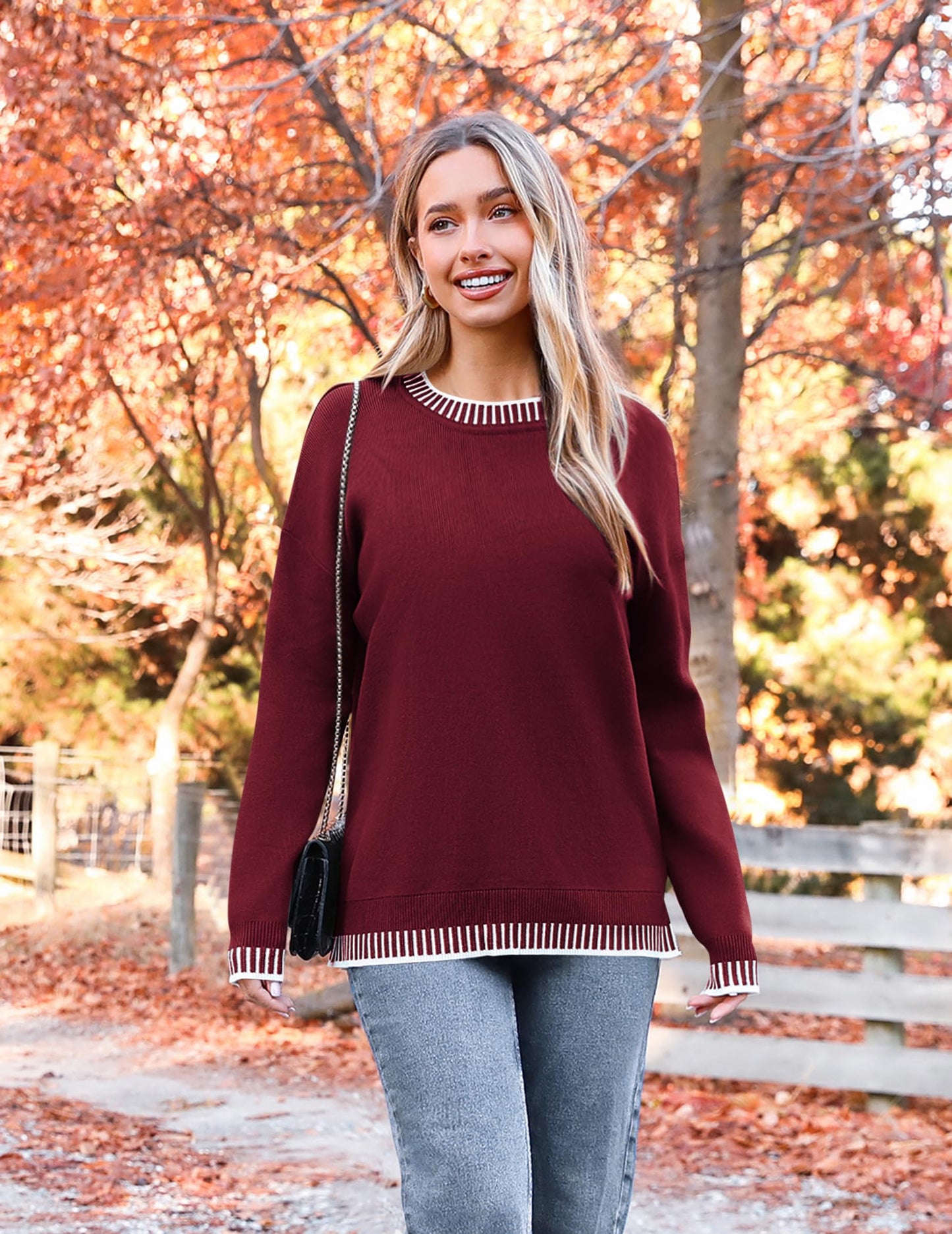 Womens Crewneck Pullover Sweater Long Sleeve Knit Side Slit