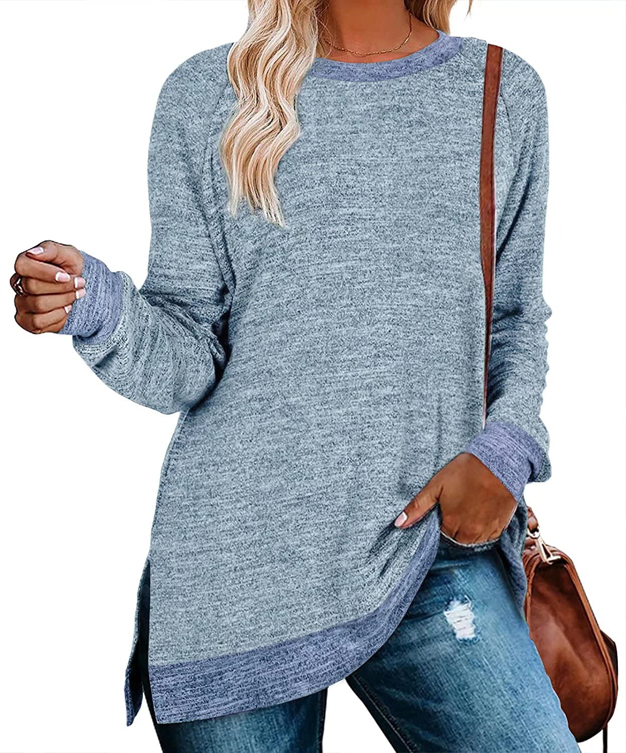 Womens Crewneck Pullovers Color Block Long Sleeve Side Split Tunic Tops