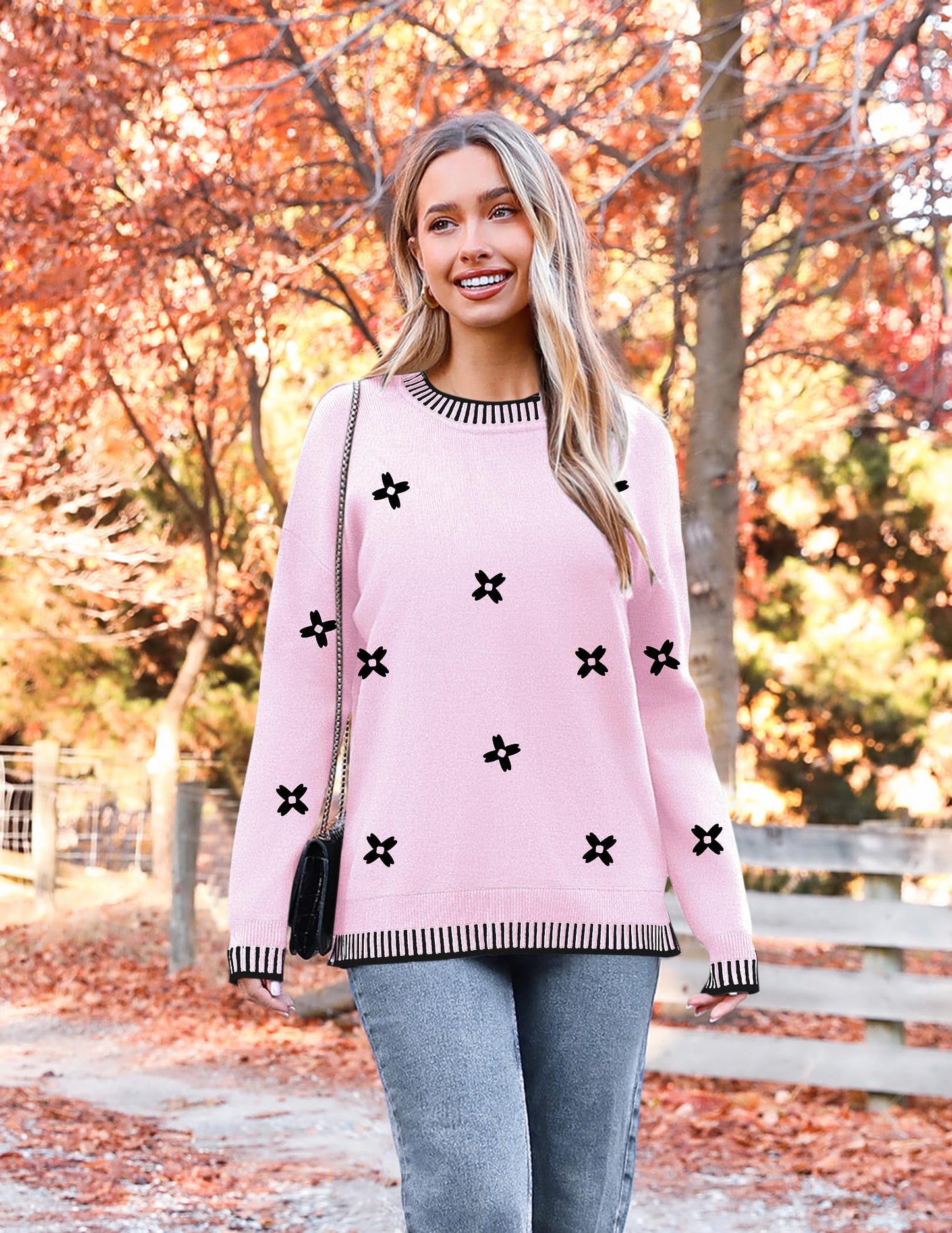 Womens Crewneck Pullover Sweater Long Sleeve Knit Side Slit