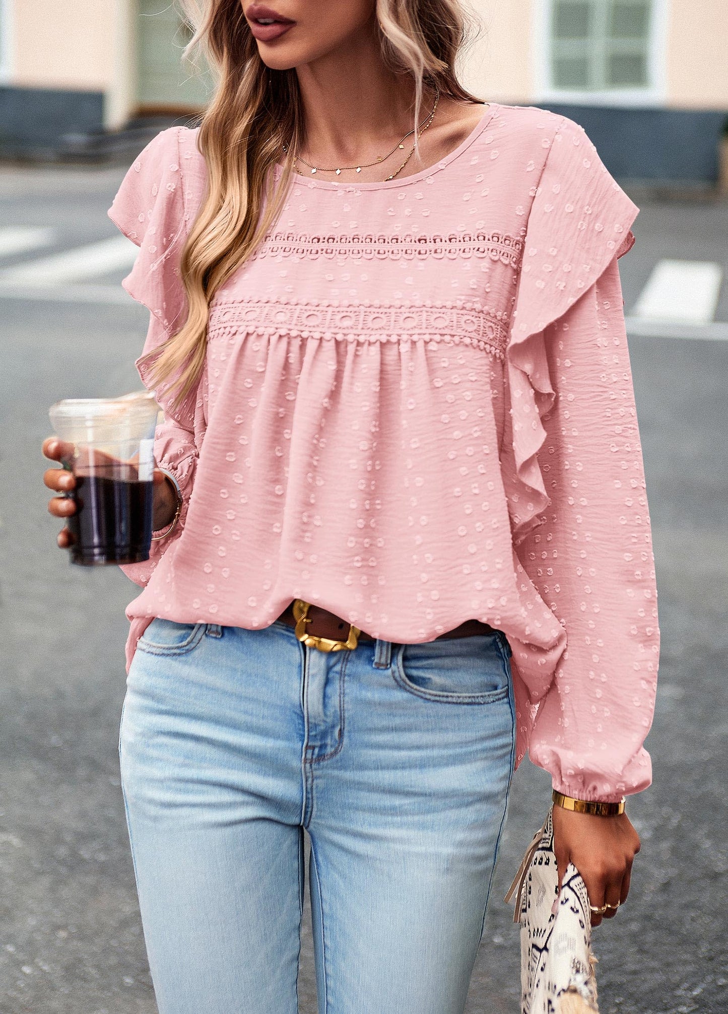 Women's Long Sleeve Blouses Ruffle Swiss Dot Crochet Loose Fit