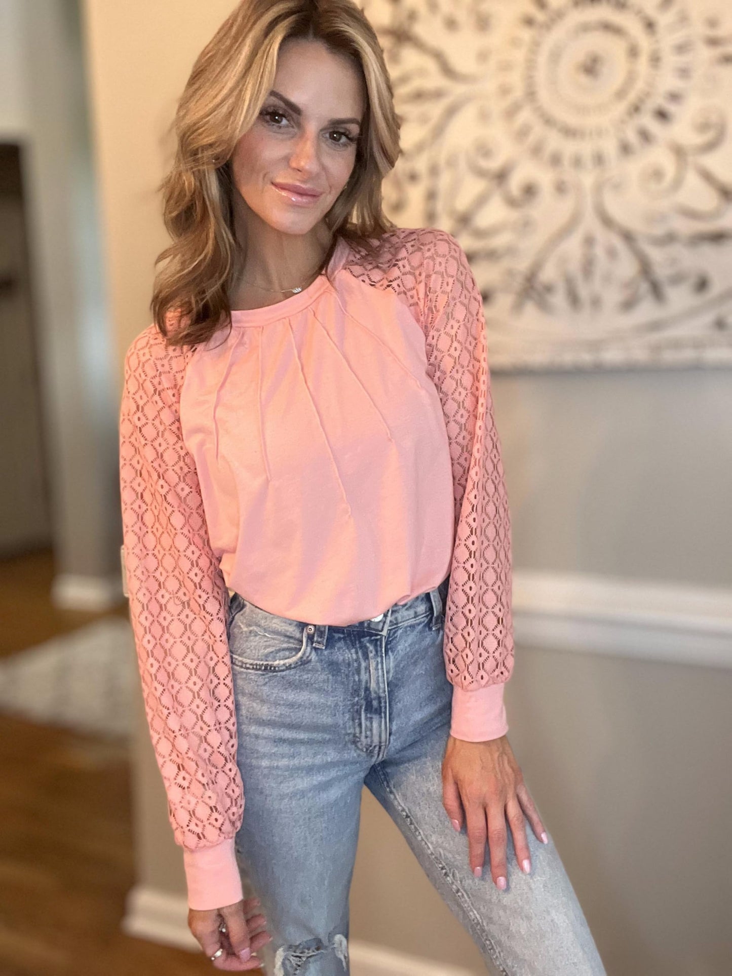Women's Lace Long Sleeve Tops Dressy Business Casual Blouses Front Pleated Work Shirts
