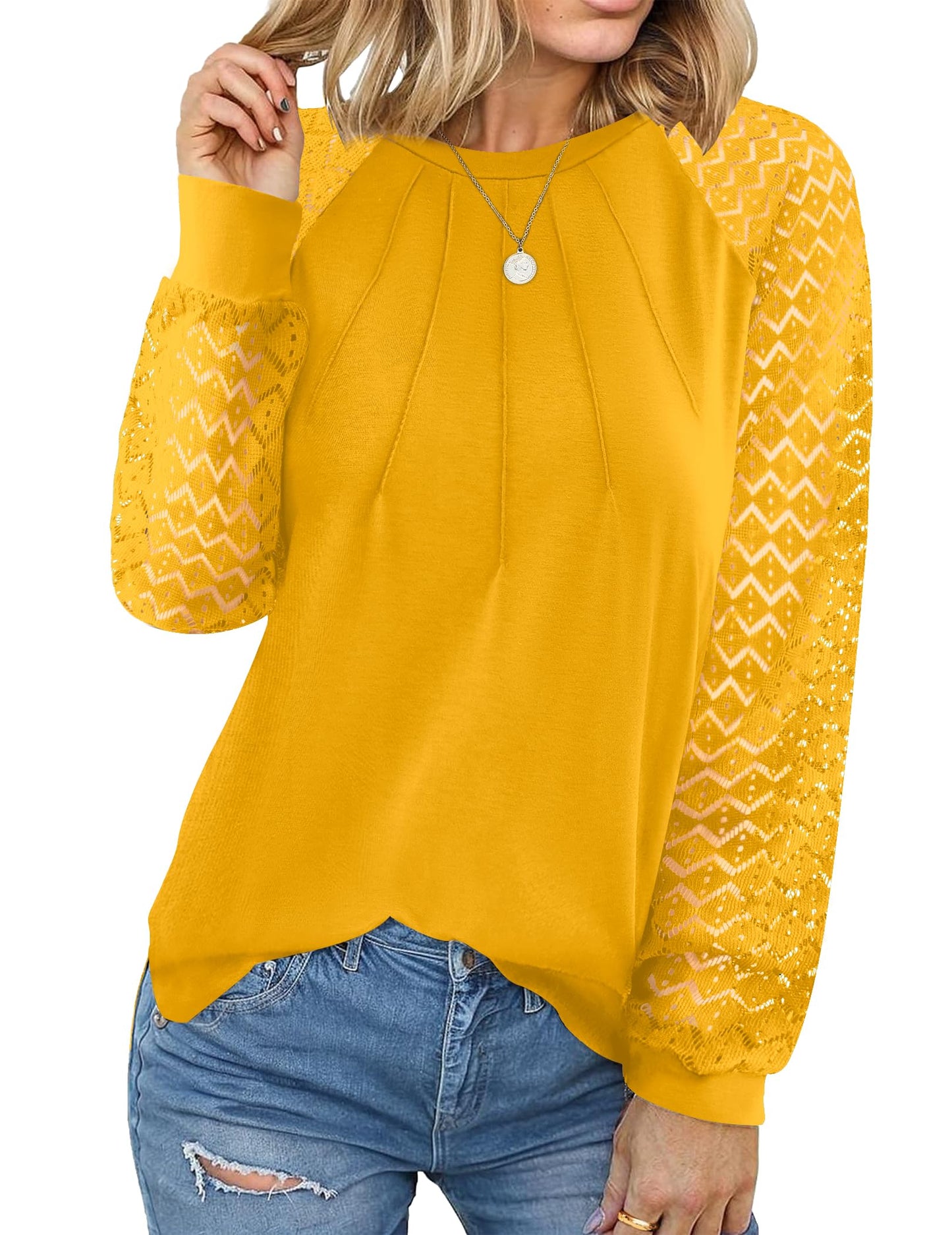 Women's Lace Long Sleeve Tops Dressy Business Casual Blouses Front Pleated Work Shirts