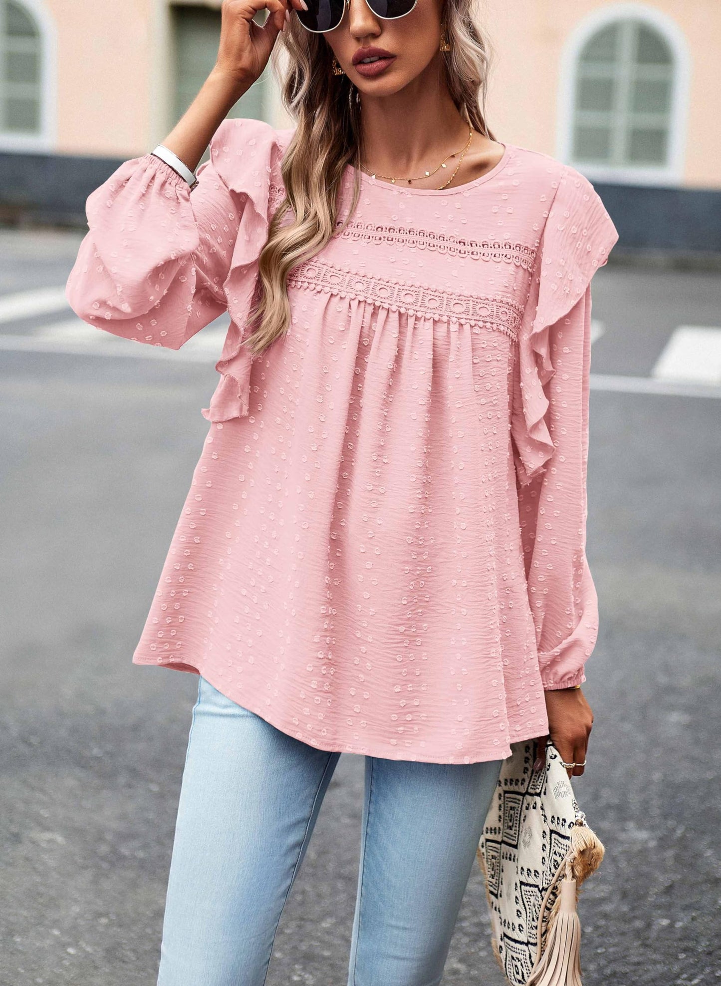 Women's Long Sleeve Blouses Ruffle Swiss Dot Crochet Loose Fit