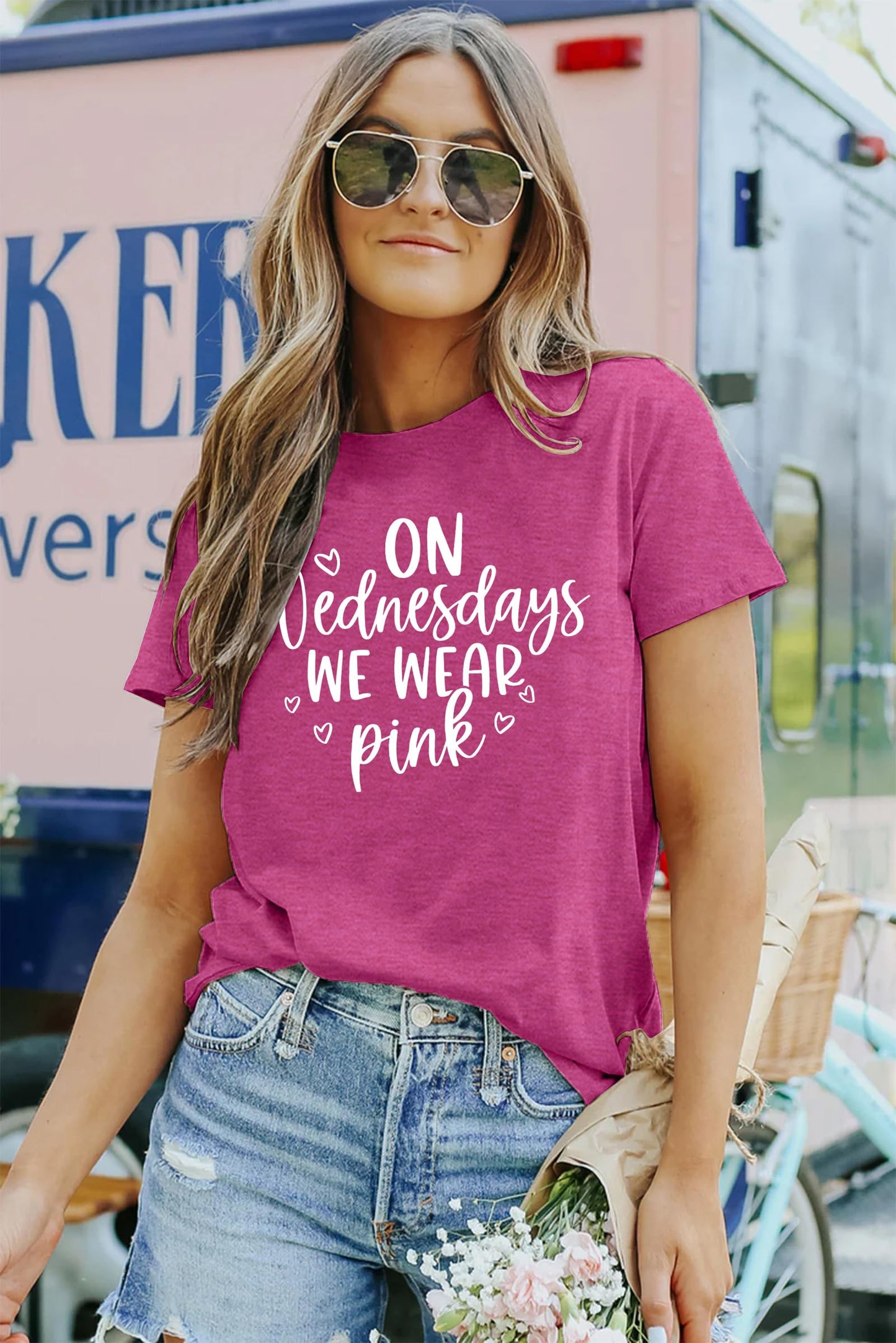 On Wednesday We Wear Pink Shirt Women Breast Cancer T Shirt Short Sleeve Print Tees Gifts for Girls Matching Outfits Top