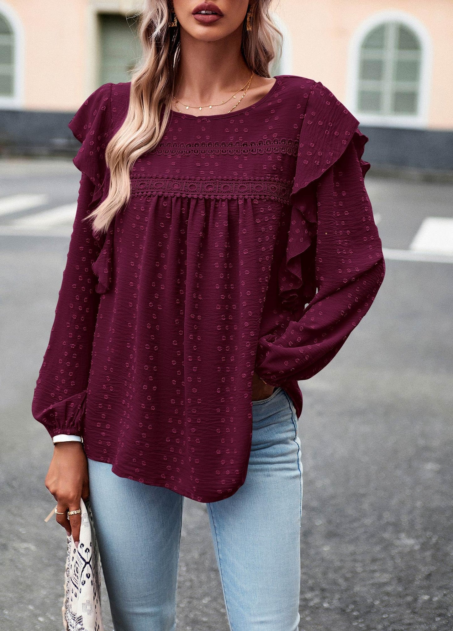 Women's Long Sleeve Blouses Ruffle Swiss Dot Crochet Loose Fit