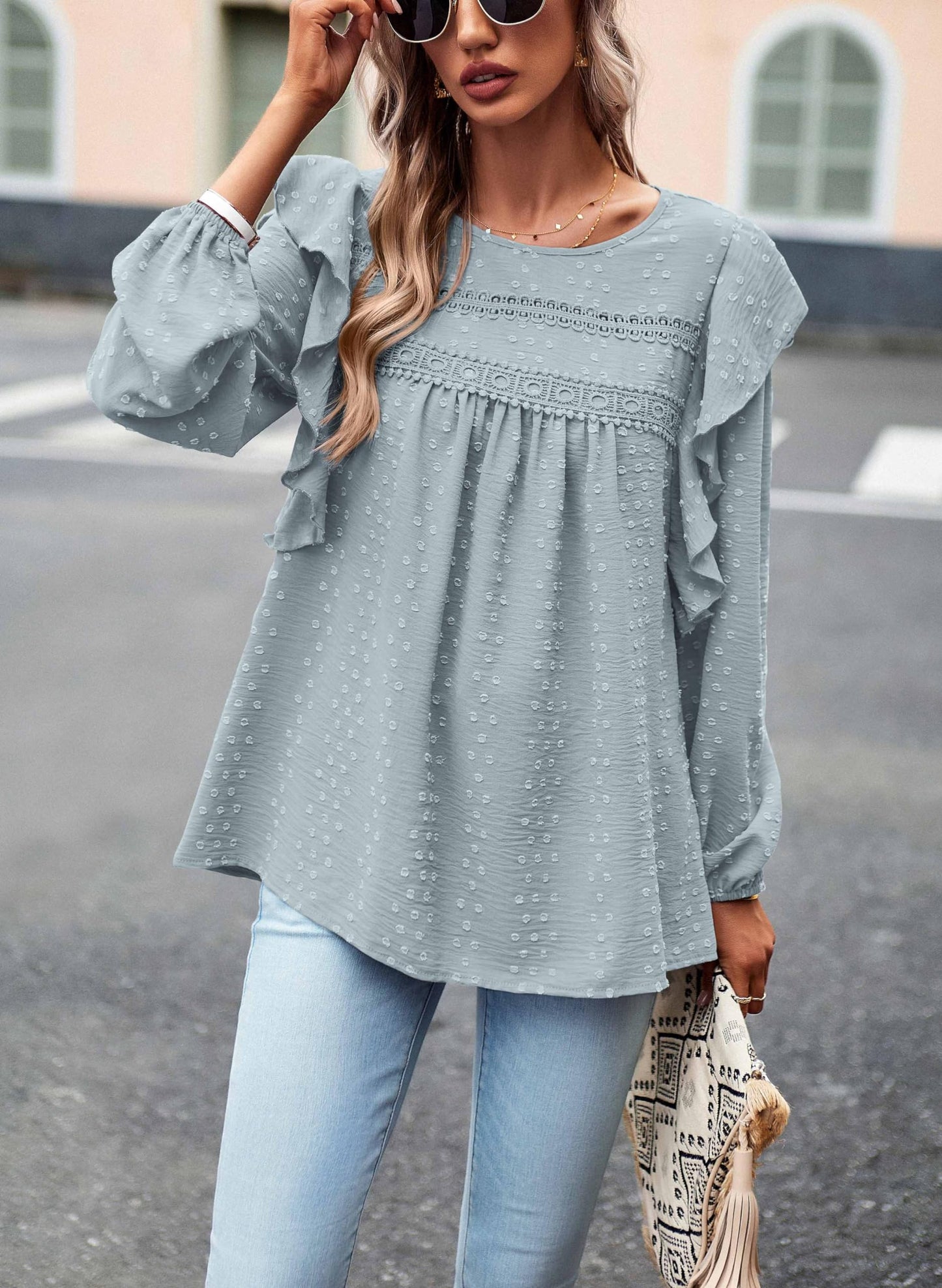 Women's Long Sleeve Blouses Ruffle Swiss Dot Crochet Loose Fit