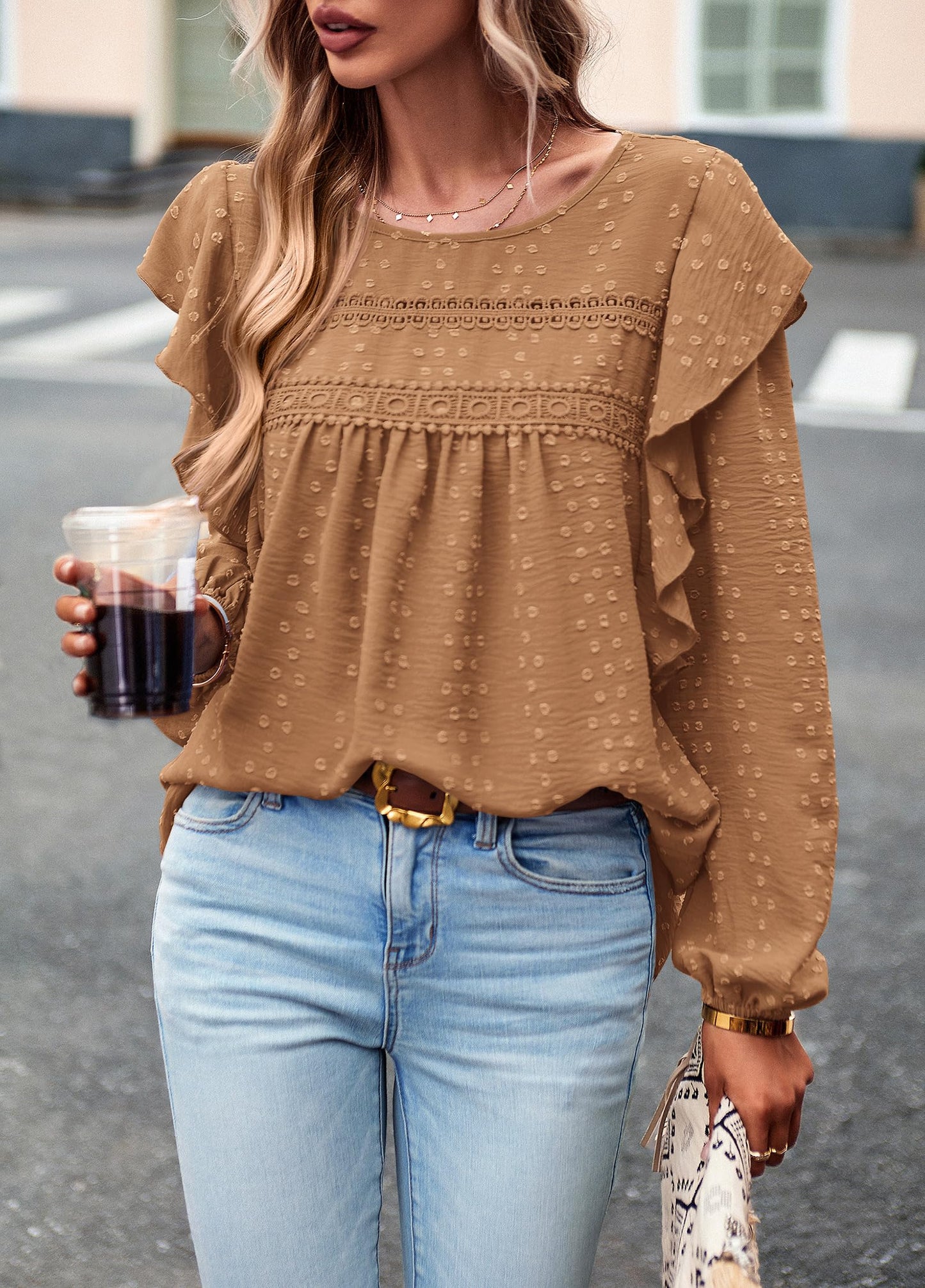 Women's Long Sleeve Blouses Ruffle Swiss Dot Crochet Loose Fit