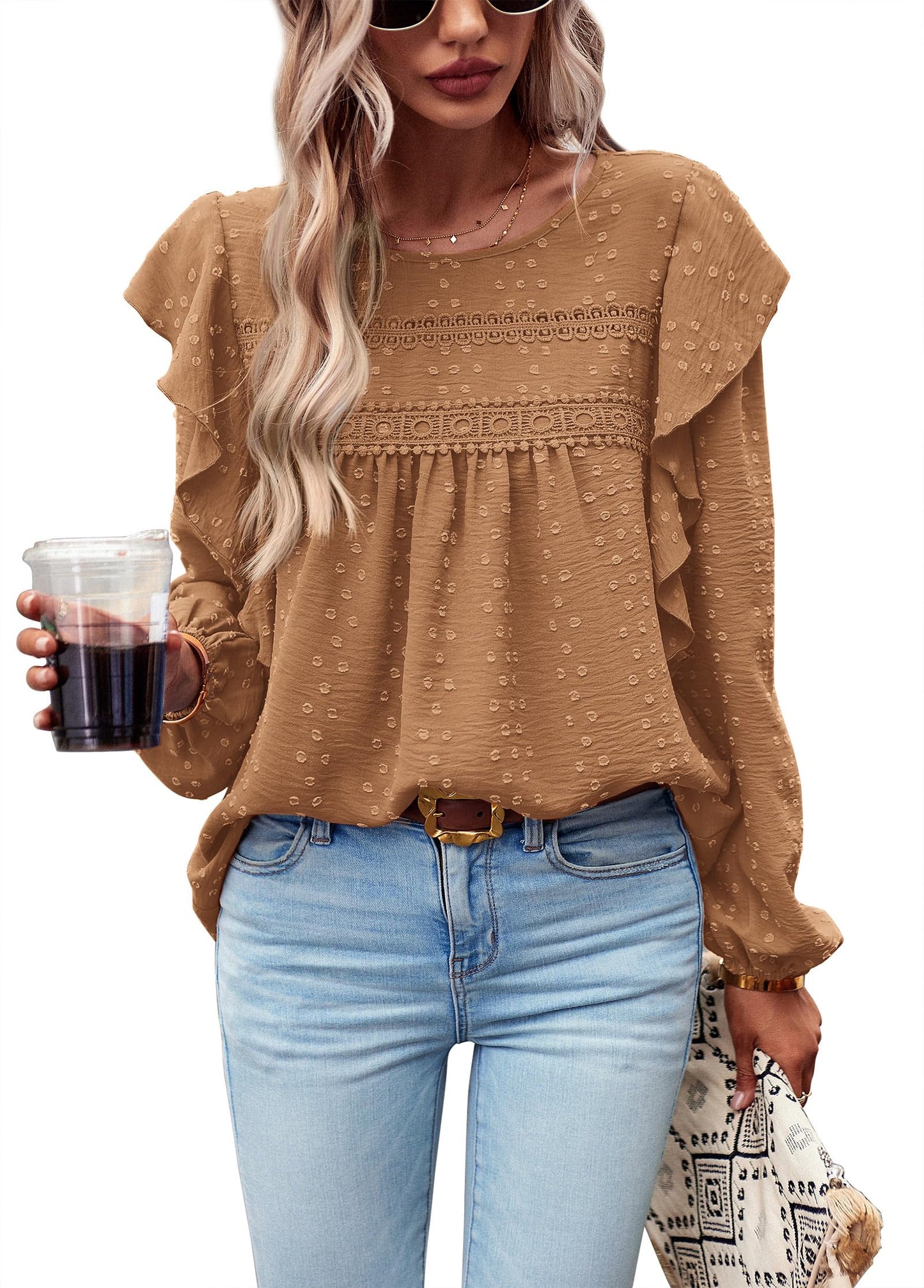 Women's Long Sleeve Blouses Ruffle Swiss Dot Crochet Loose Fit
