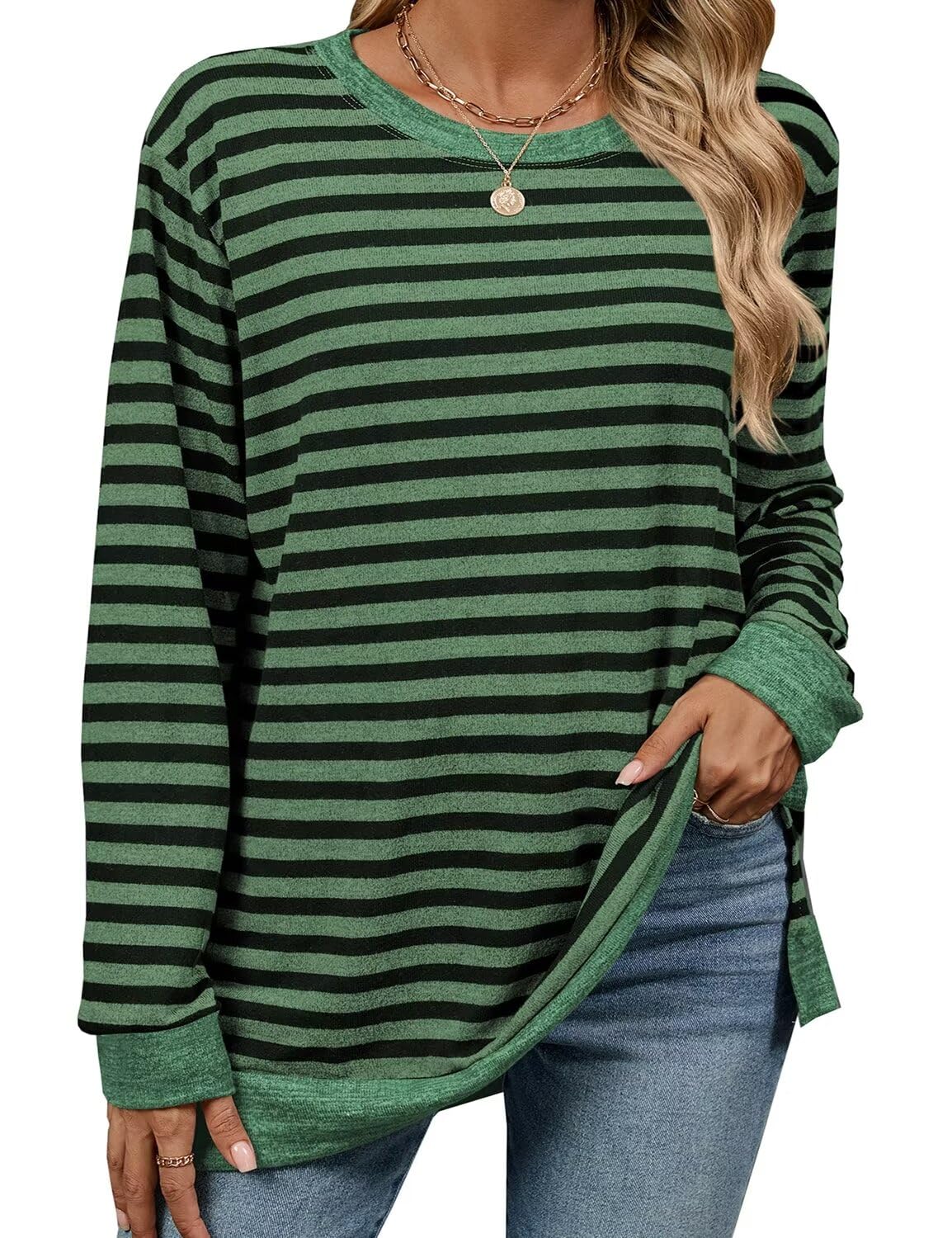 Womens Crewneck Pullovers Color Block Long Sleeve Side Split Tunic Tops