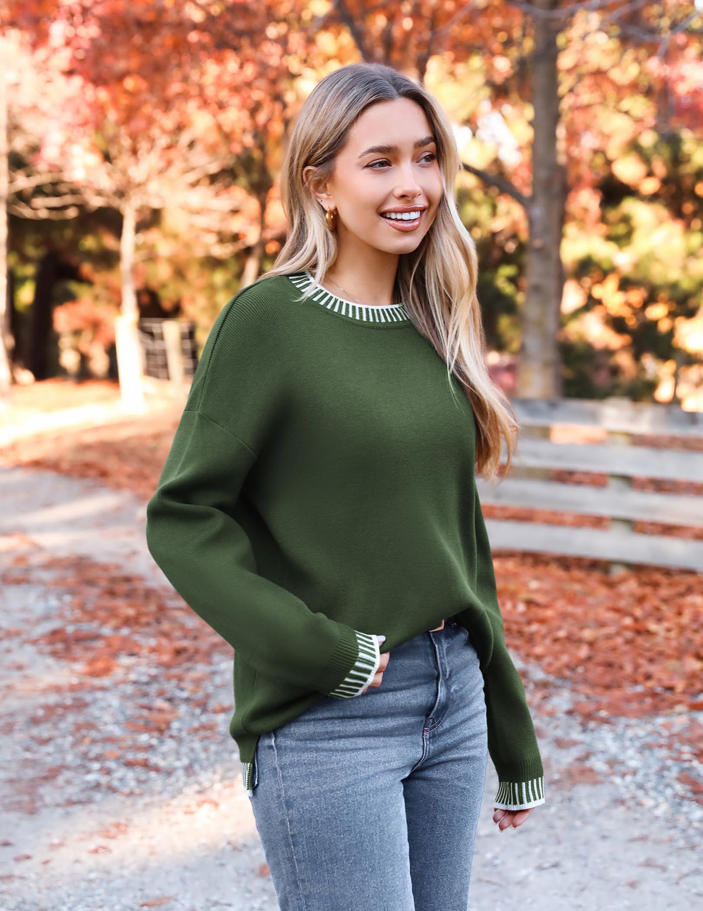 Womens Crewneck Pullover Sweater Long Sleeve Knit Side Slit