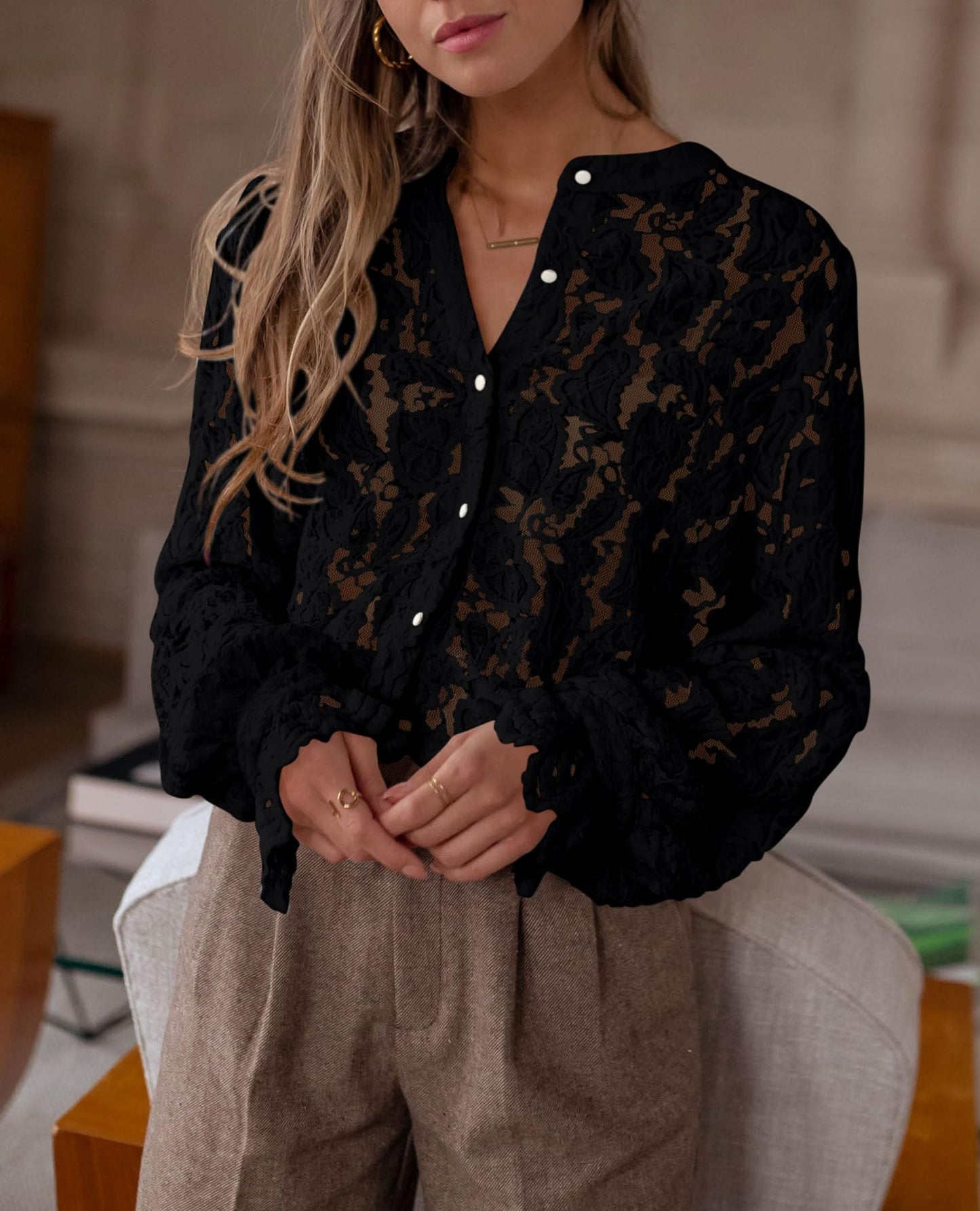 Women's Dressy Casual Lace Blouse Long Sleeve Button Up Shirts Tops