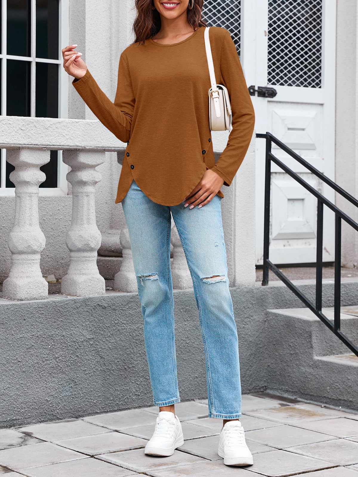 Womens Casual Long Sleeve Tunic Shirts Round Neck Button Side Blouses Tops