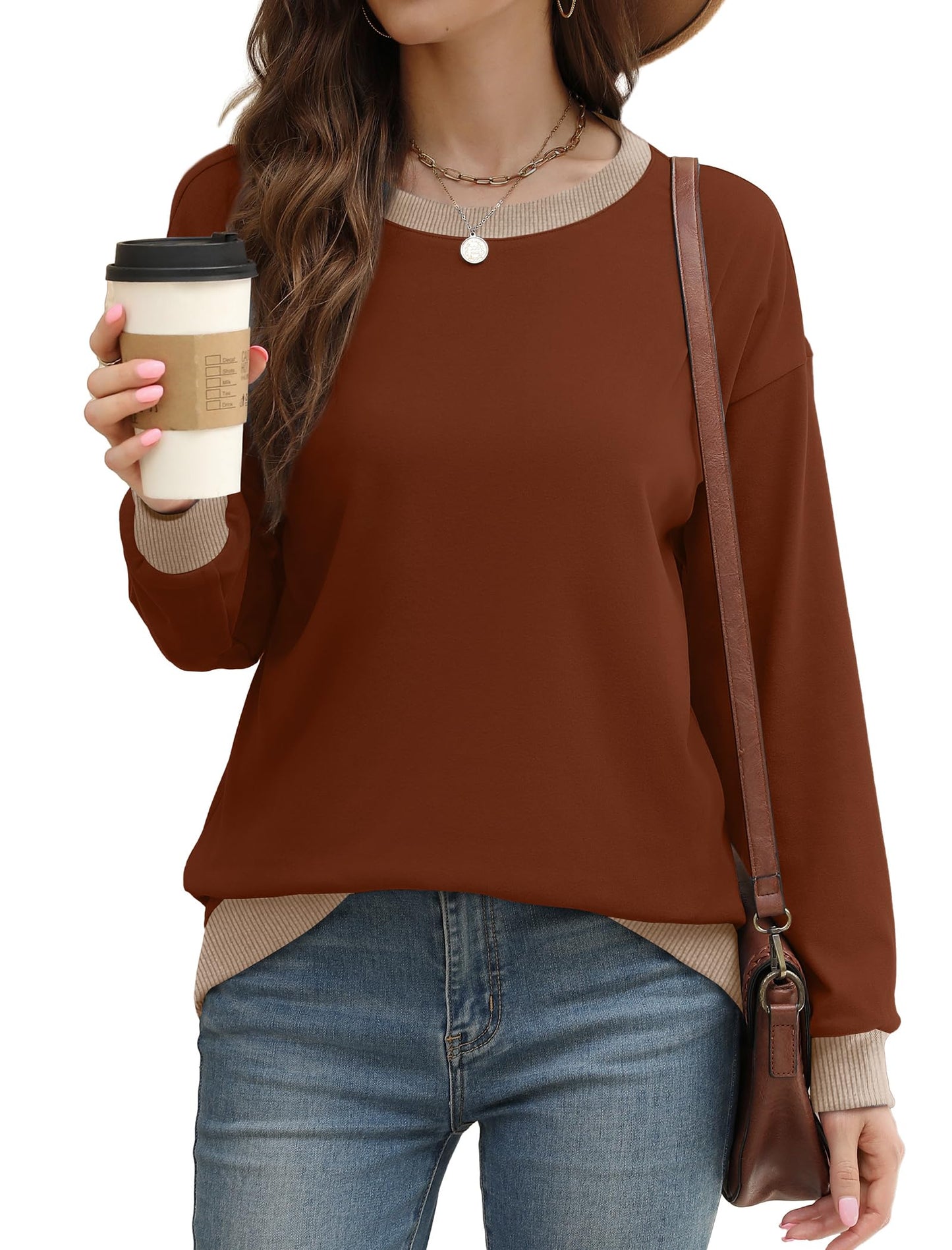 Sweatshirts for Women Crewneck Long Sleeve Loose Fit Tops Color Block Ribbed Trim Fashion