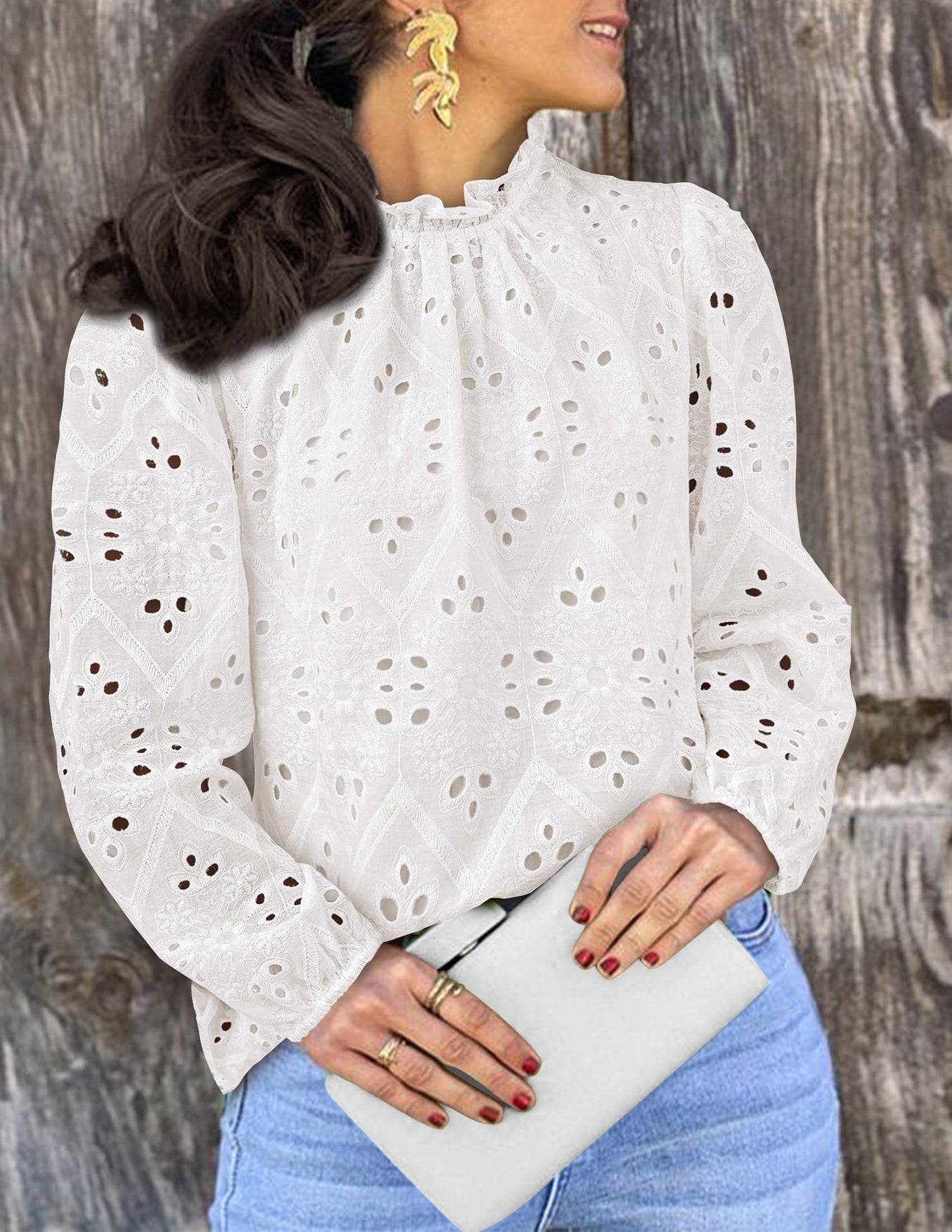 Women’s Blouses Dressy Casual Embroidered Long Puff Sleeve Shirts Ruffle Eyelet Lace Top