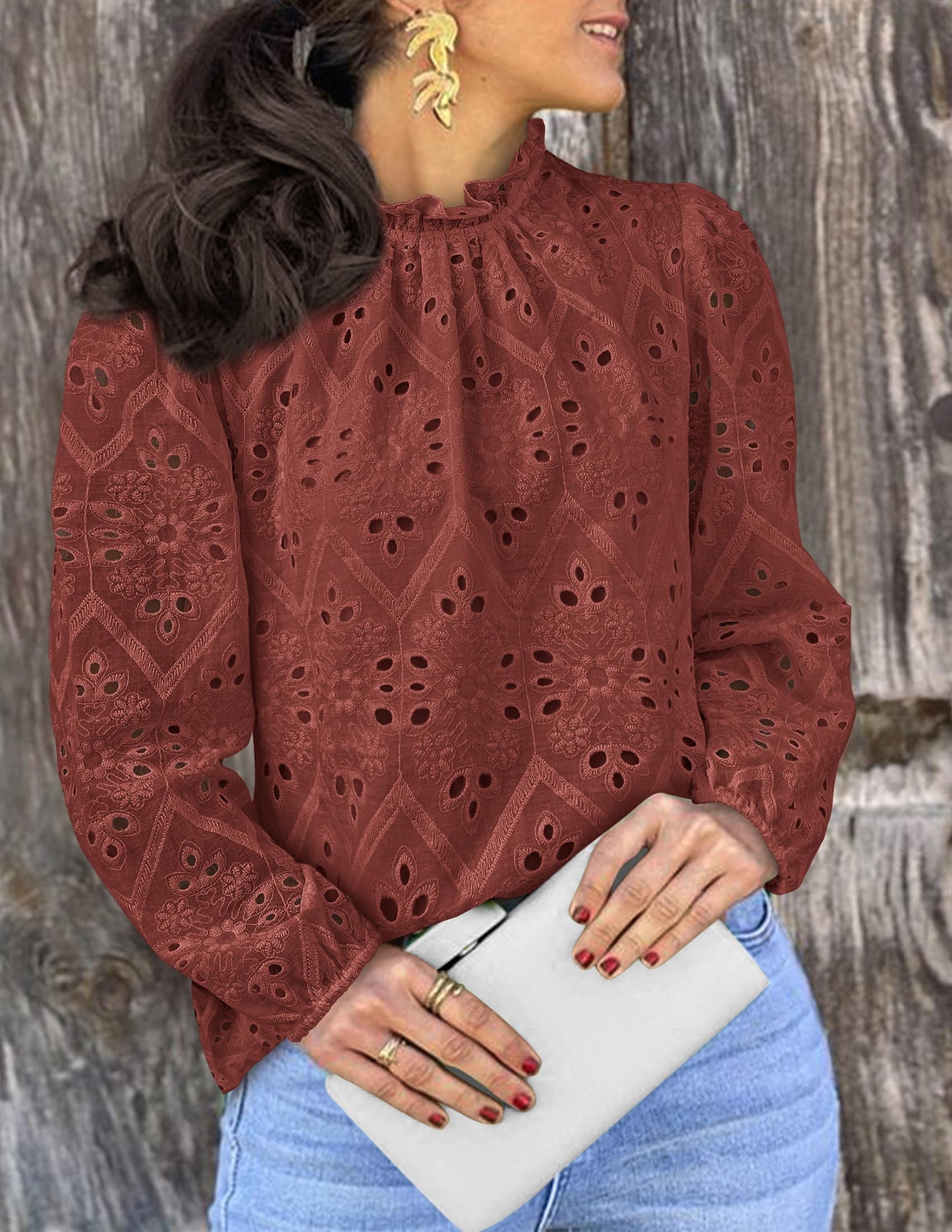 Women’s Blouses Dressy Casual Embroidered Long Puff Sleeve Shirts Ruffle Eyelet Lace Top