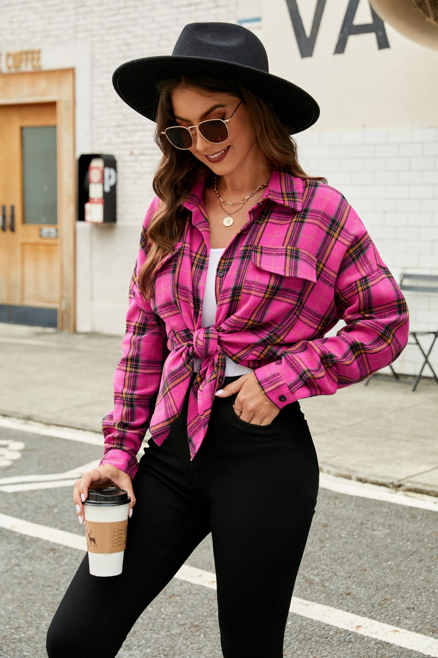 Women's Button Down Flannel Shirts Plaid Shacket Long Sleeve Collared Business Casual Tops Work Blouses
