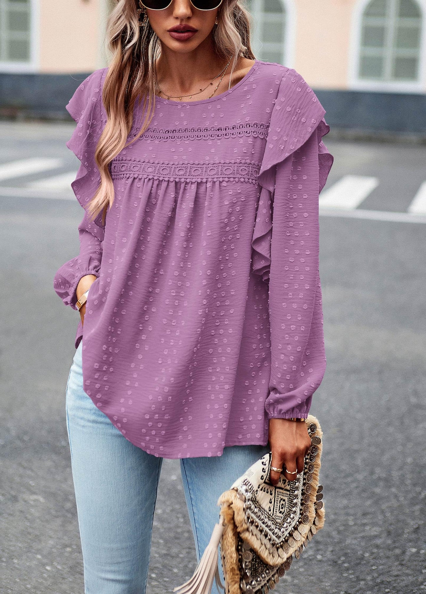 Women's Long Sleeve Blouses Ruffle Swiss Dot Crochet Loose Fit