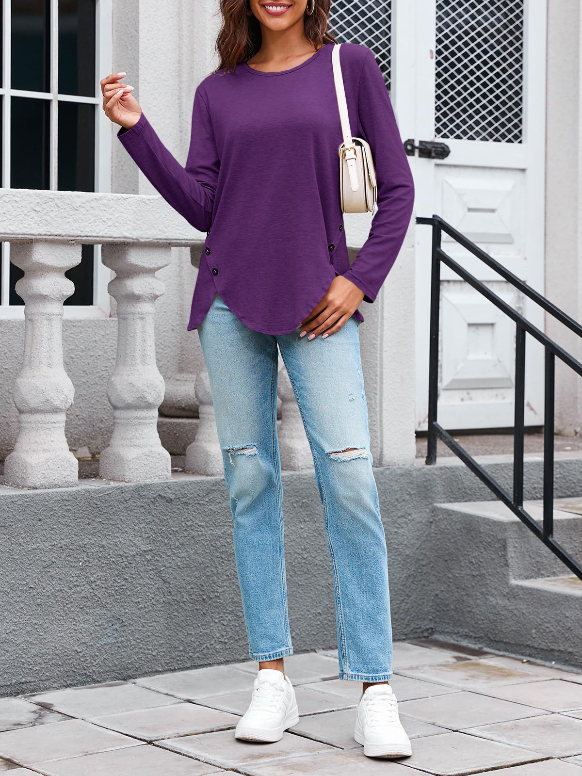 Womens Casual Long Sleeve Tunic Shirts Round Neck Button Side Blouses Tops